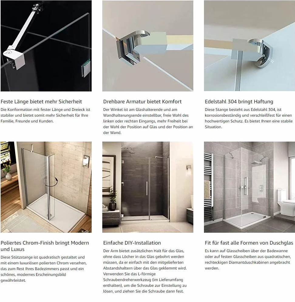 Stainless Steel Frameless Shower Door Fixed Panel 70 cm Wall-to-Glass Support Bar 6-10 mm