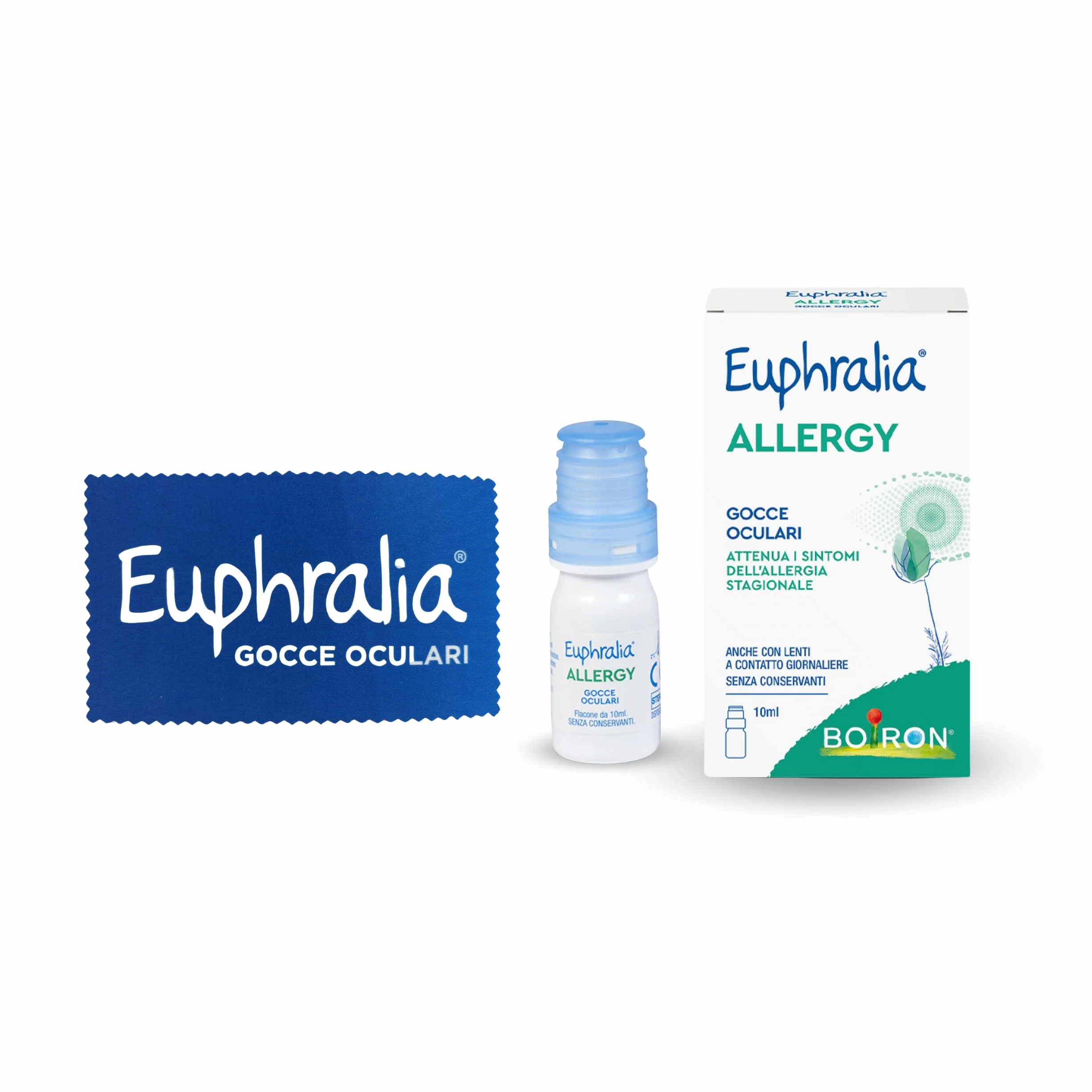 Euphralia Allergy - Gocce Oculari, Allergia, Congiuntivite Allergica, Fastidio Oculare, con Acido laluronico e Vitamina B12 - Flacone da 10 ml + Panno occhiali