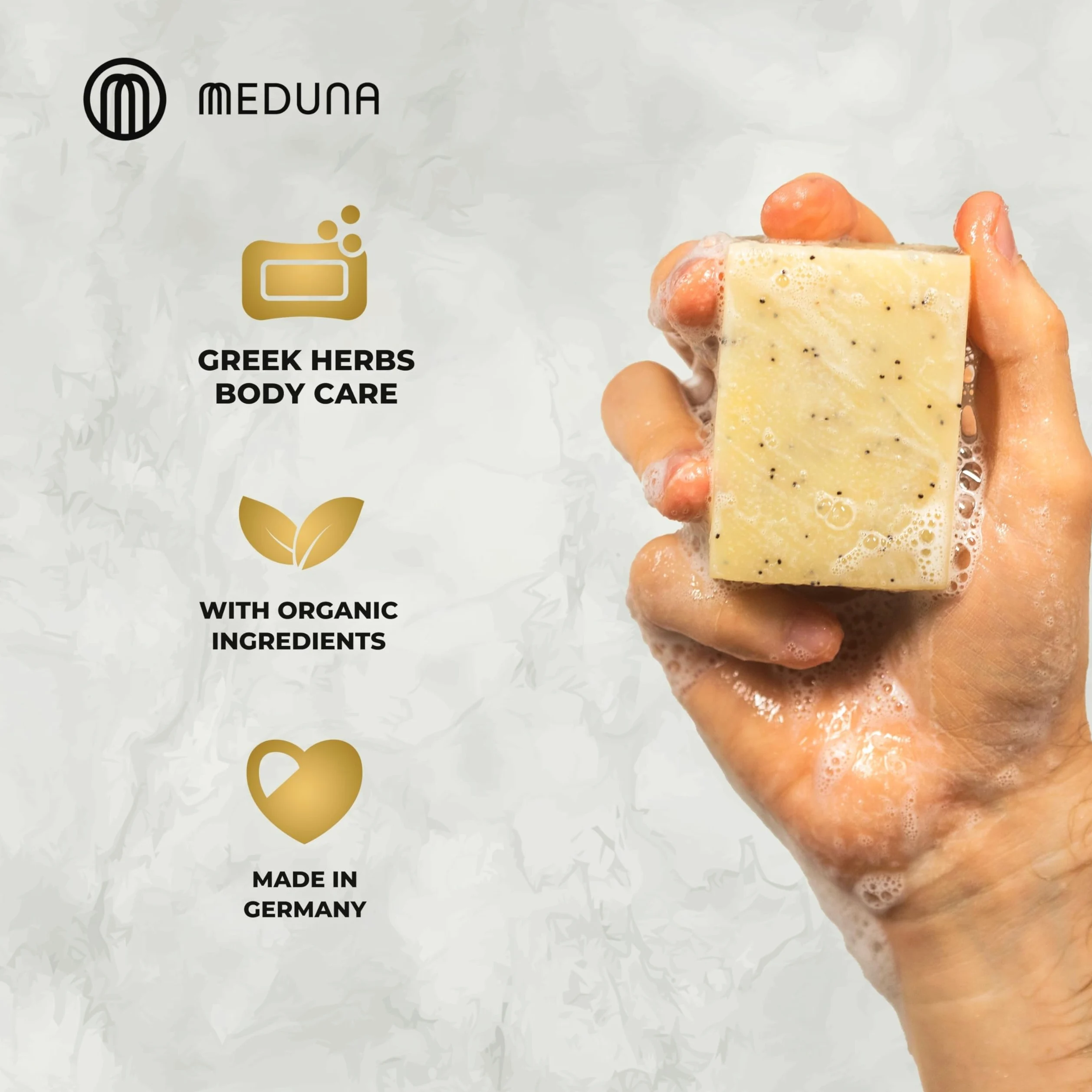 MEDUNA Sapone esfoliante Olymp Godlike 5 x 100 g – sapone naturale solido – sapone per la cura del sapone – sapone per il corpo per tutti i tipi di pelle – olio di cocco biologico & burro di karité