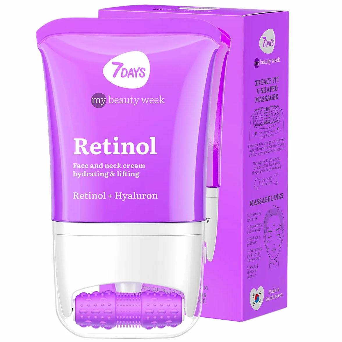 7DAYS Crema Viso e Collo Coreana Antirughe al Retinolo con Rullo Massaggiante – Effetto Lifting Rassodante e Compattezza, Azione Levigante, per Rughe e Linee Sottili, per il Doppio Mento, 80 ml