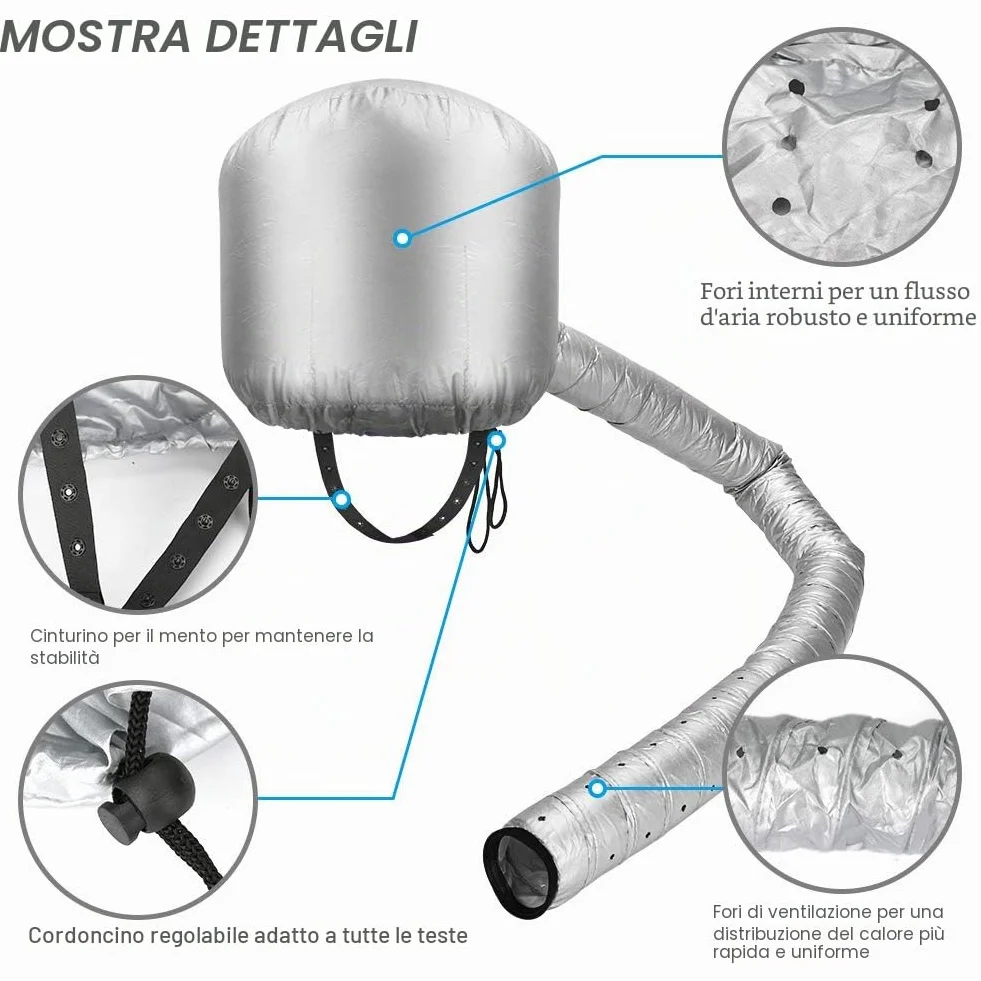Casco per asciugatura cuffia asciugacapelli, Welltop cuffia termica per capelliper capelli regolabile a mano libera Utilizzato per asciugatura, acconciatura, arricciatura (Argento)