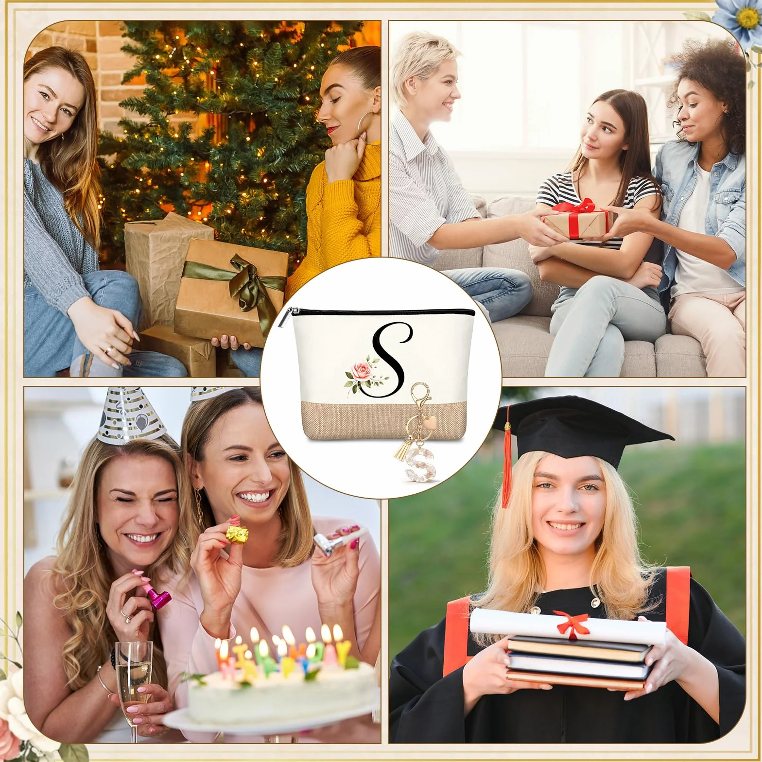 Hestya Trousse per Trucco con Lettera Iniziale Personalizzata Beauty Сase da Viaggio in Iuta con Portachiavi per Donna Matrimonio Compleanno Spiaggia Sorella Mamma Insegnanti Infermiere(S)