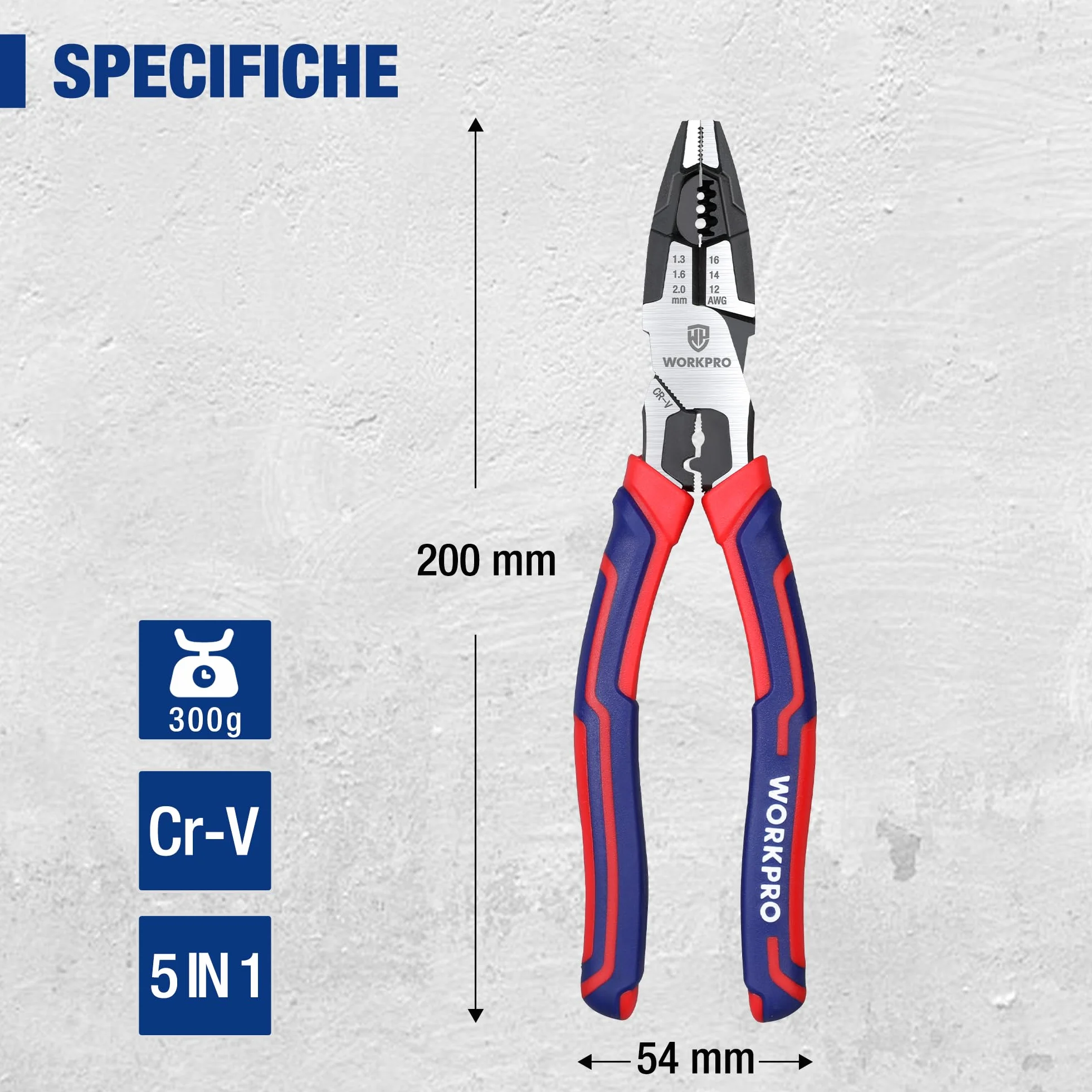 WORKPRO Pinza Combinata 5 in 1 209mm 16-12 AWG (1,3-2,0mm) Cr-V per Elettricisti