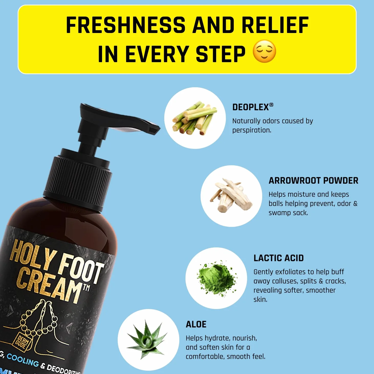 Derm Dude Holy Foot Cream, Crema idratante per piedi per talloni secchi e screpolati, elimina gli odori sui piedi, con Rurruz, Deoplex e Aloe, Aroma Mvp