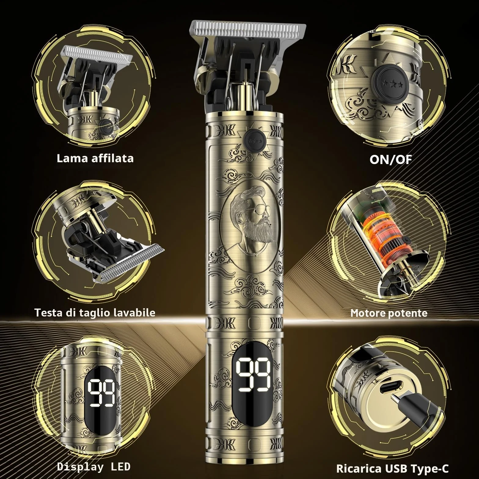 Tagliacapelli Uomo, LED Rasoio Elettrico Barba Macchinetta per Capelli Portatile Tagliacapelli Uomo Professionale Trimmer Regolabarba Regola Barba Elettrico Trimmer Capelli Con 3 Pettini