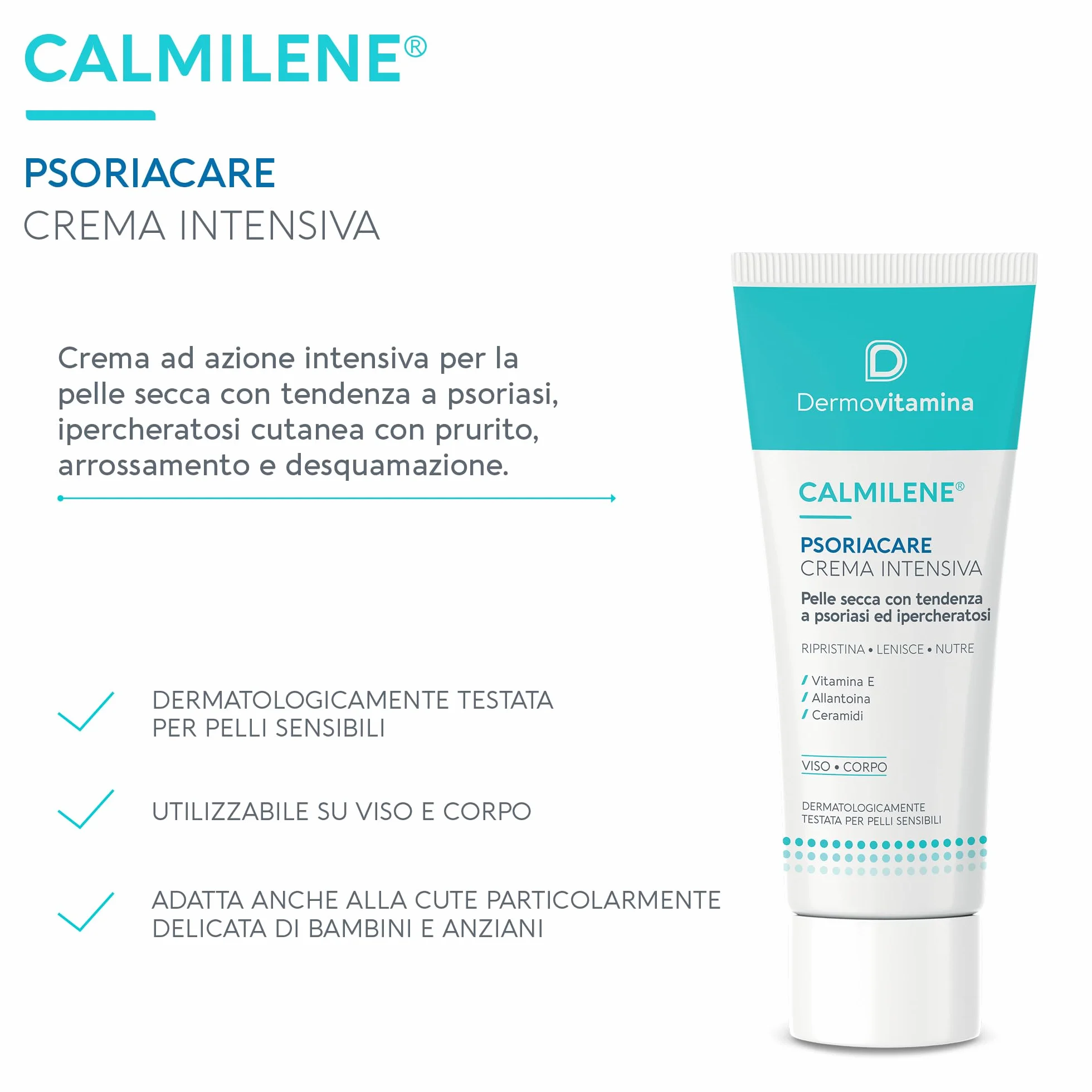 Dermovitamina Calmilene Psoriacare Crema Intensiva - Con Vitamina E e Ceramidi - Per la Pelle con Prurito, Arrossamento e Disquamazione - Con tendenza a Psoriasi e Ipercheratosi Cutanea - 50 ml