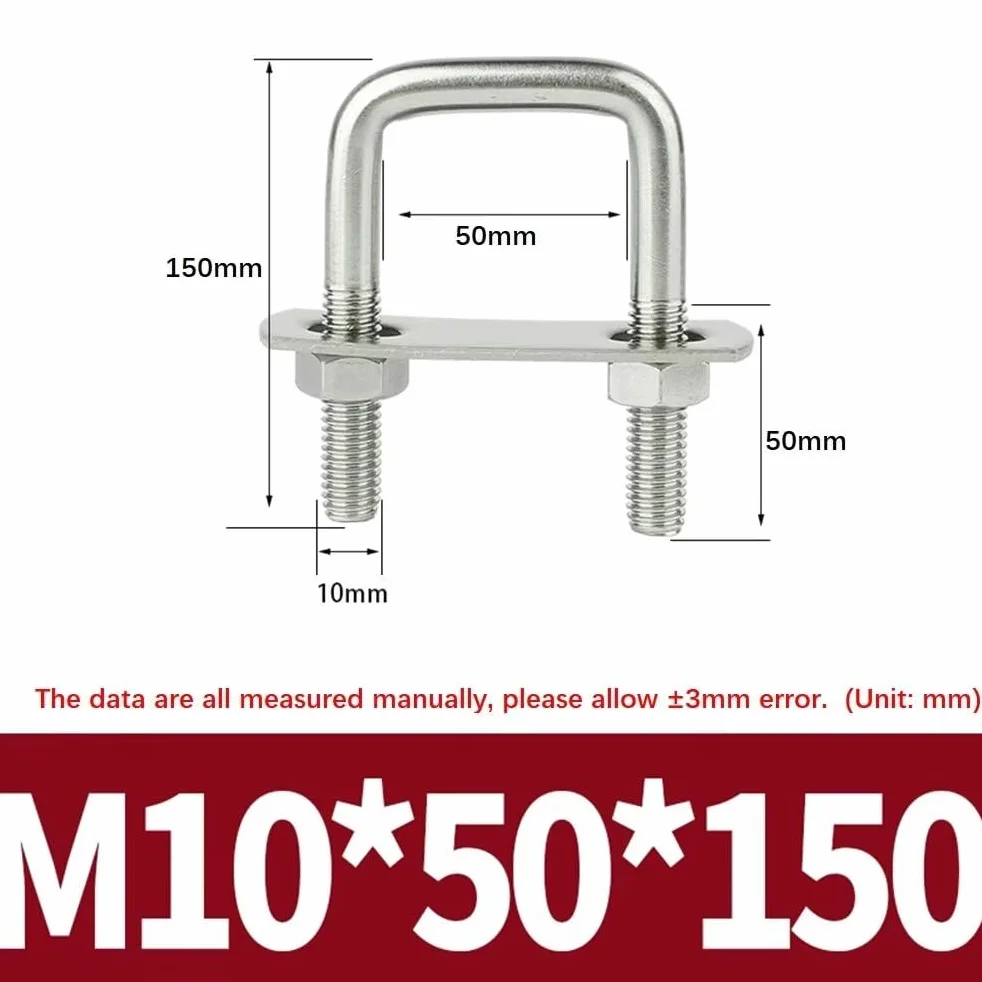 Bulloni a U Quadrato M10 Acciaio Inox 50mm Larghezza Interna 150mm Altezza con Dadi e Piastra