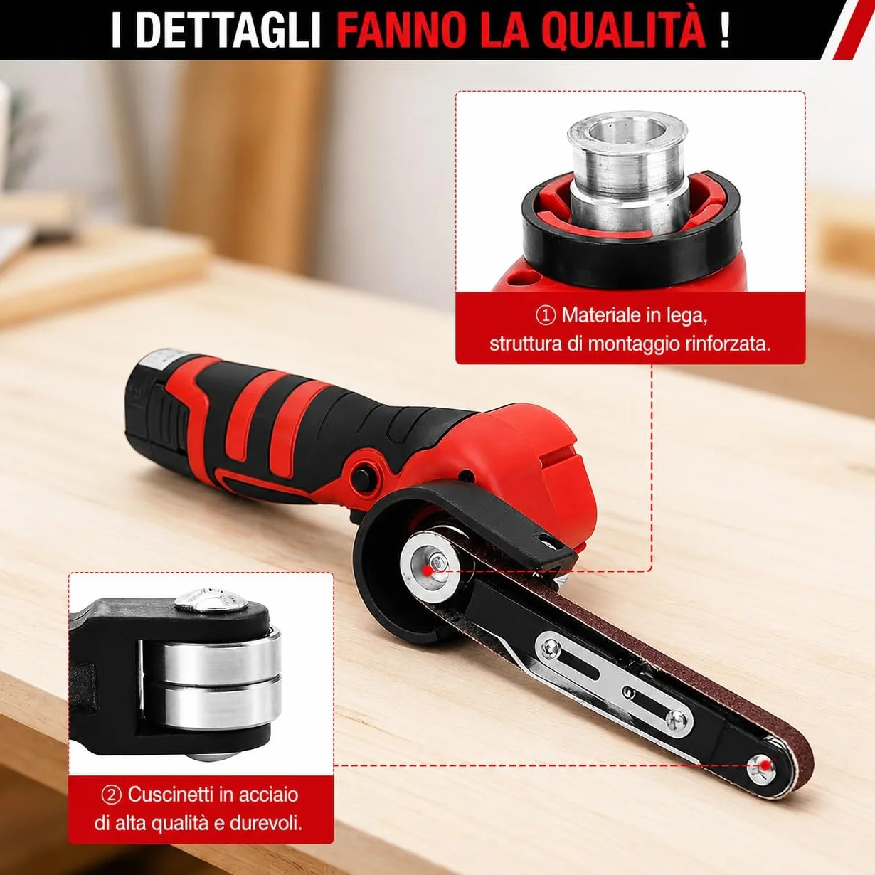Mini Levigatrice a Nastro a Batteria 24V 10x330mm 360° con 2 Batterie 10 Nastri Abrasivi per Metallo Legno