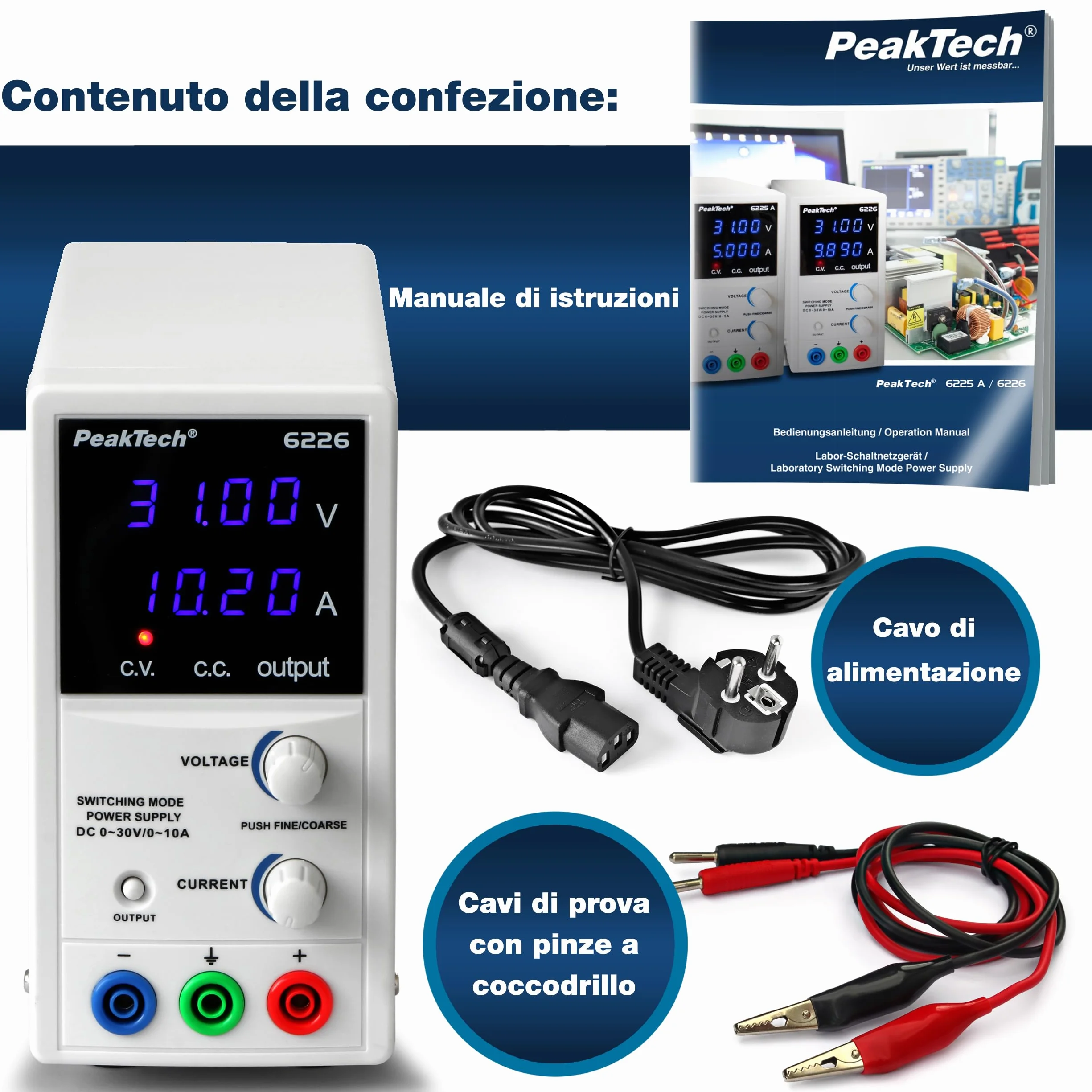 Peaktech P 6226 Alimentatore da Laboratorio DC 0-30V 0-10A Display LED Blu Regolabile
