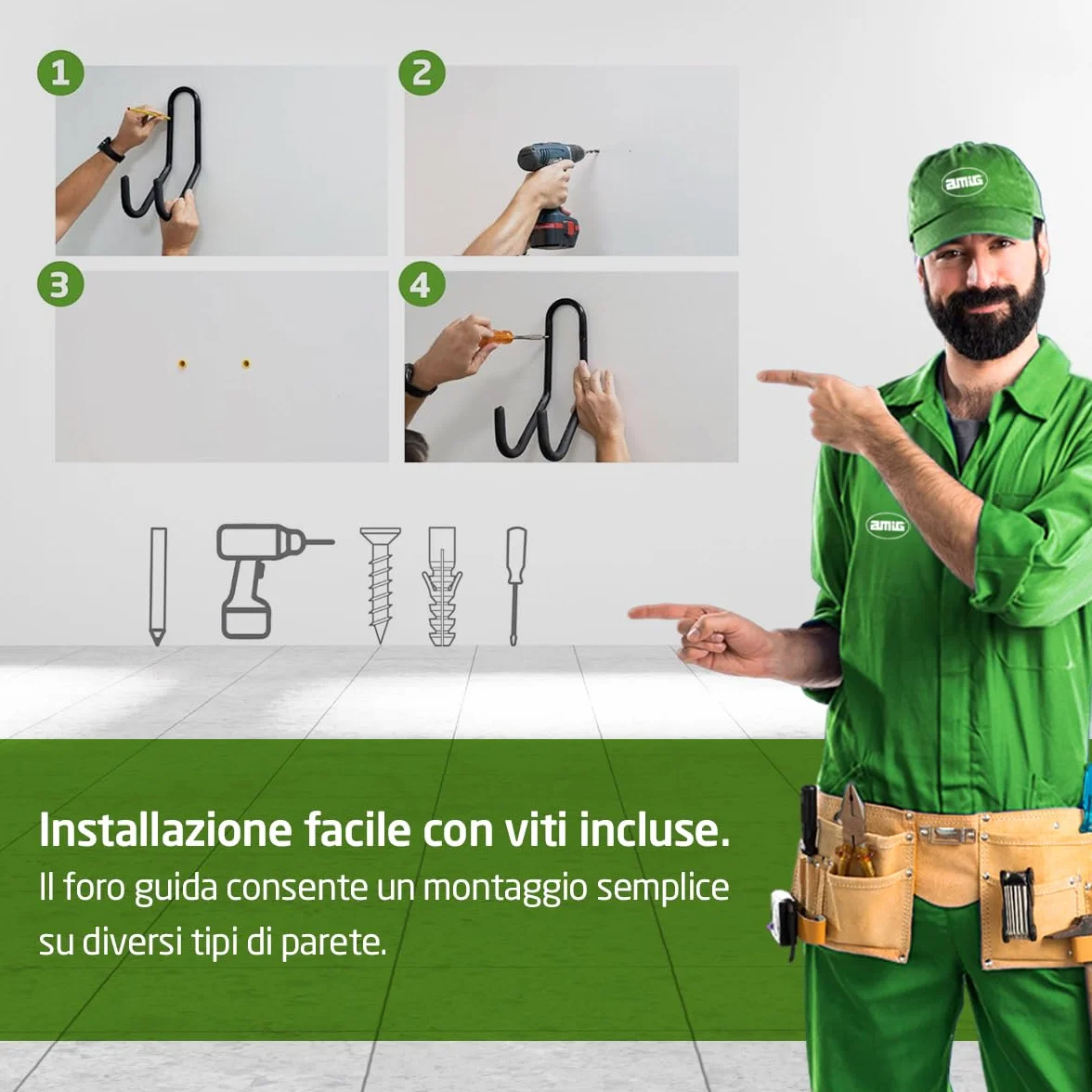 Amig Ganci Appendere Strumenti Supporto Parete Acciaio Zincato Rivestimento Gomma Antiscivolo Capacità Carico 60kg