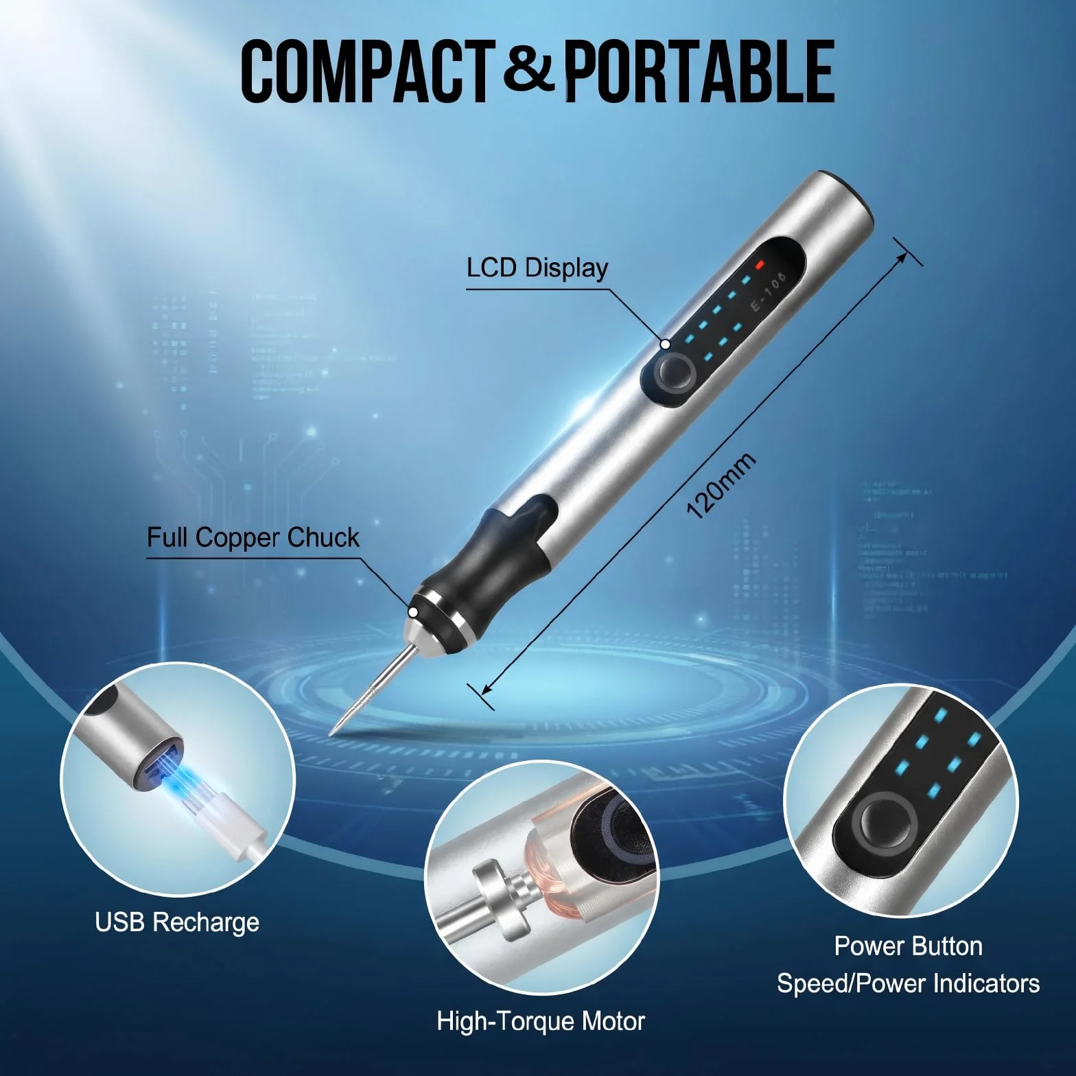 Penna Incisione Elettrica Ricaricabile 3 Velocità 5000-18000 giri/min USB-C 37 Accessori + 16 Stencil Legno Vetro Metallo Pietra