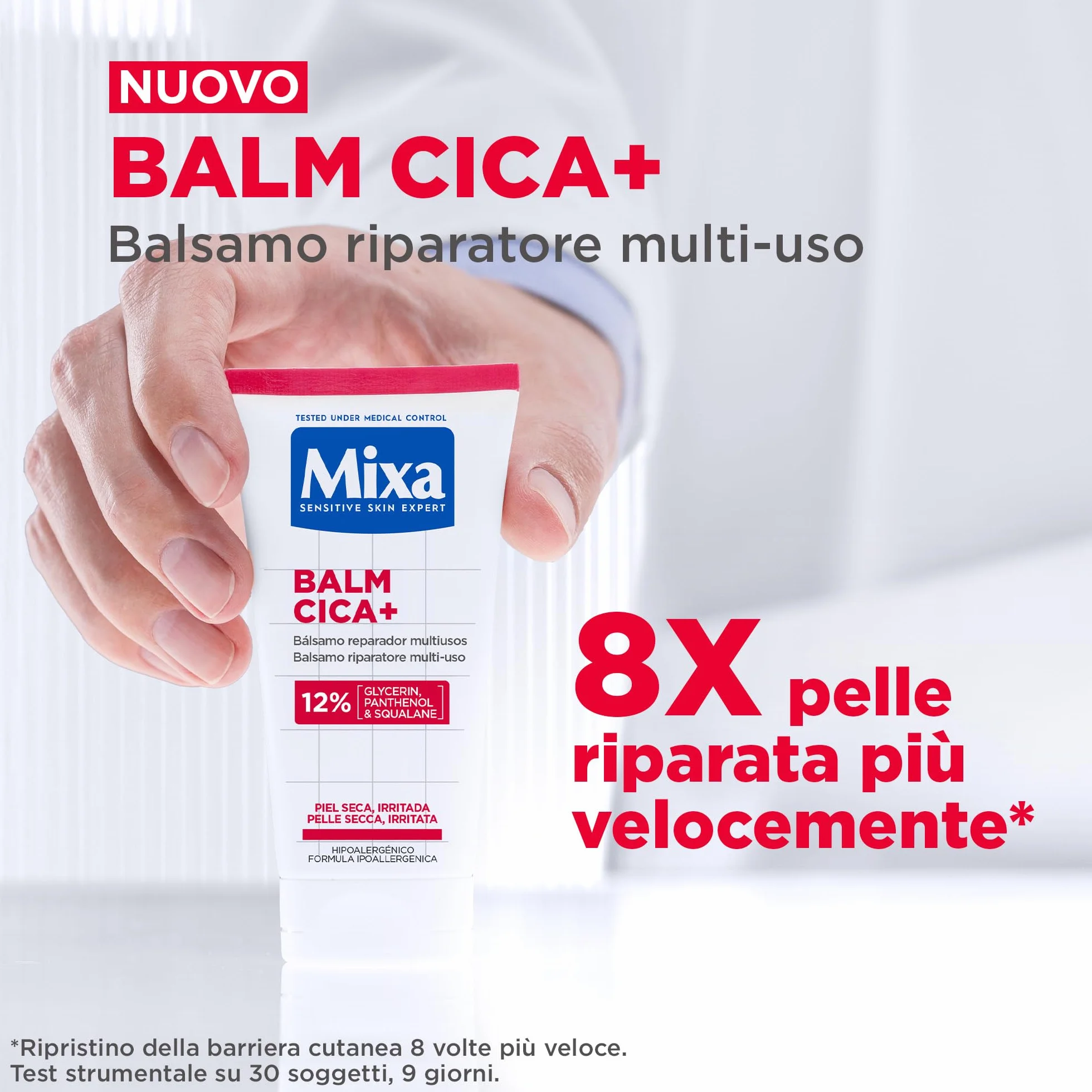 Mixa Bipacco Balsamo Riparatore Multi-Uso, Pelle Secca e Arrossata, Barriera Cutanea Ripristinata, Pelle Lenita e Sollievo Immediato, Con il 12% di Glicerina, Squalano e Pantenolo, Balm Cica+, 2 pezzi