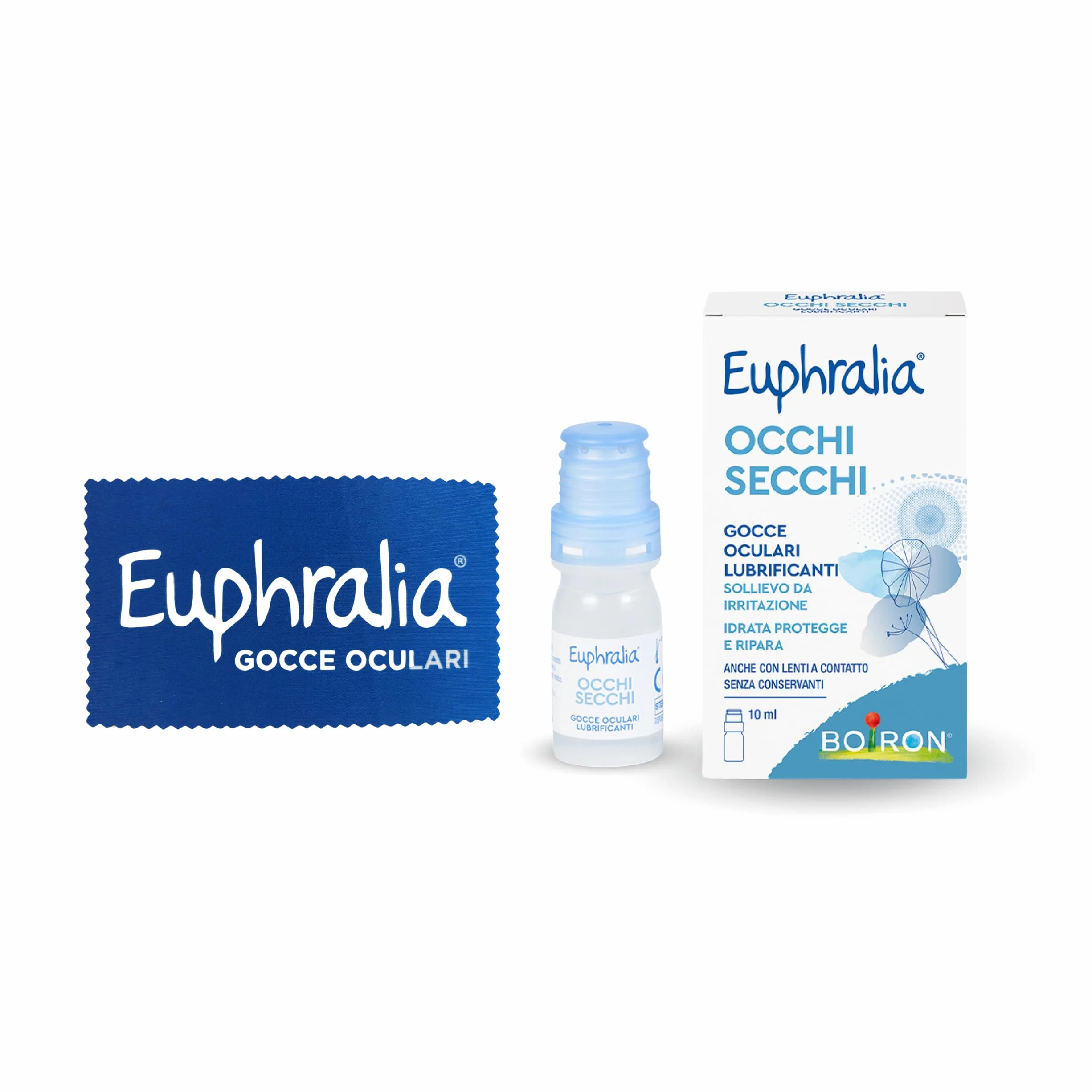Euphralia Occhi Secchi - Gocce Oculari Lubrificanti, Rimedio contro Secchezza Oculare, Azione Protettrice e Riparatrice, con Acido Ialuronico, Ginkgo Biloba - Flacone da 10 ml + Panno Occhiali