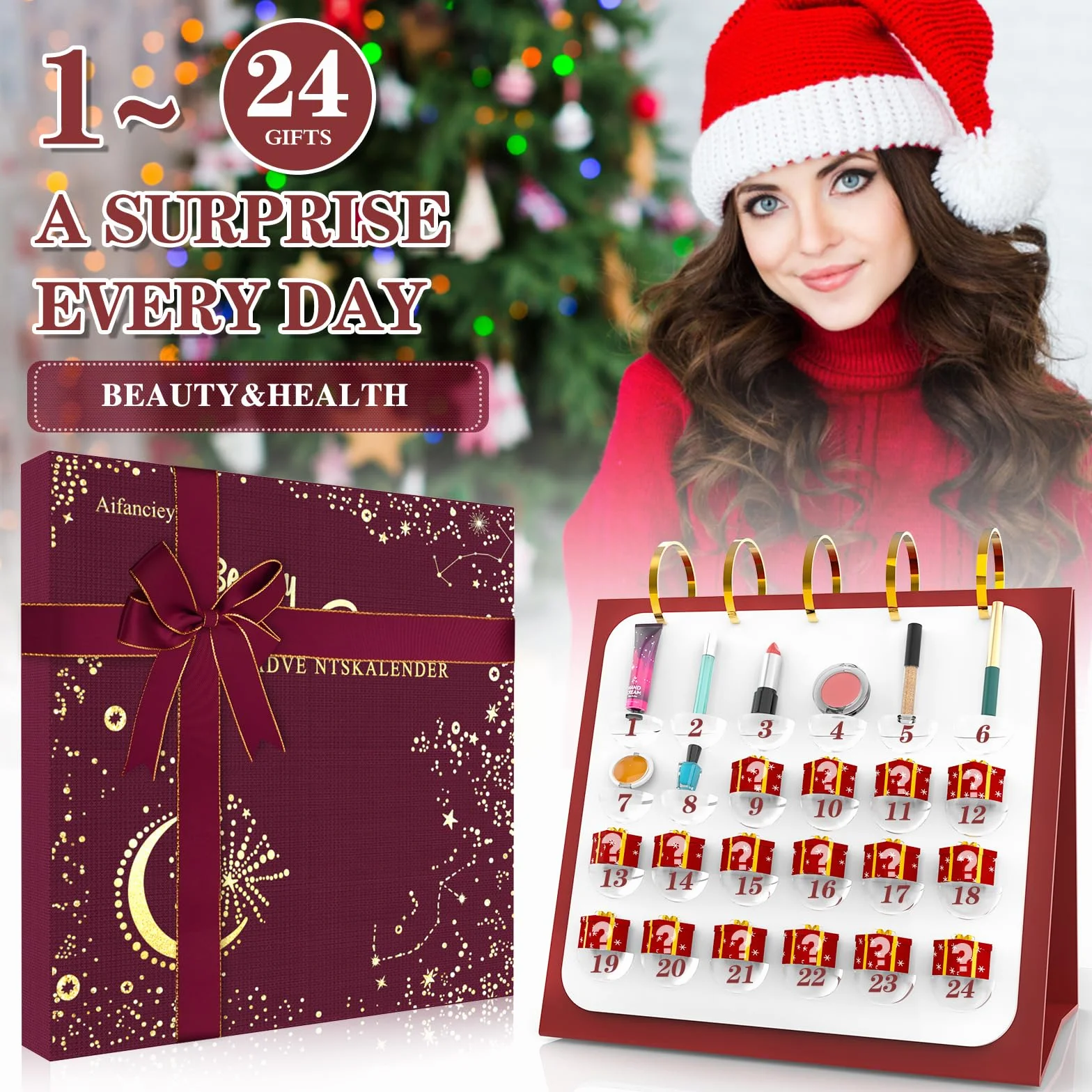 Calendario dell'Avvento Beauty 2025, Calendario Avvento Make-up, Set di Trucchi da 24 pezzi per Occhi, Viso, Labbra e Unghie, Calendario Conto alla Rovescia Natale Idea Regalo per Amanti, Amici