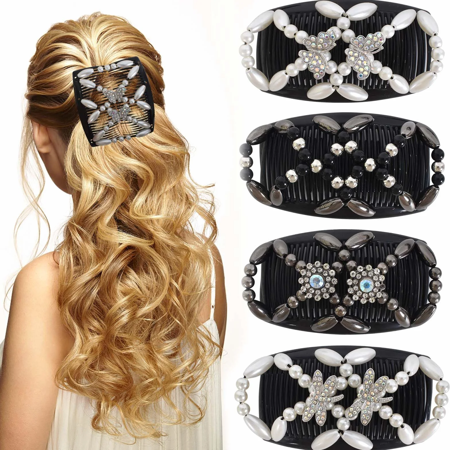 4 Pezzi Magic Hair Comb per Capelli, Pettini per Capelli Fermagli per Capelli, Doppio Pettine Fermacapelli Signore Clip, Fermagli a Pettine Magico Elastici per Donne Ragazze Accessorio per Capelli