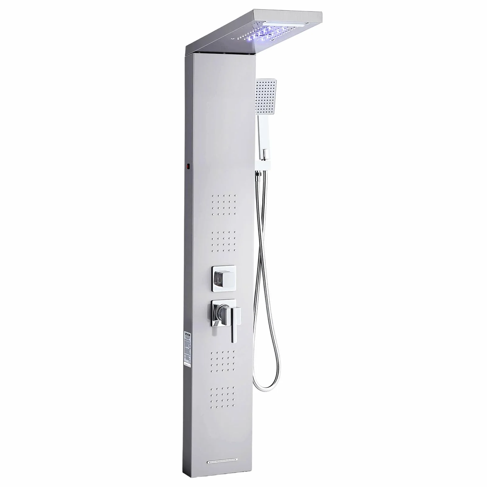VEVOR Pannello Doccia a Torre con Soffione a Cascata LED, Colonna Doccia in Acciaio Inox Spazzolato 1345 mm, Rubinetto 5 Funzioni con Doccetta e Beccuccio per Vasca