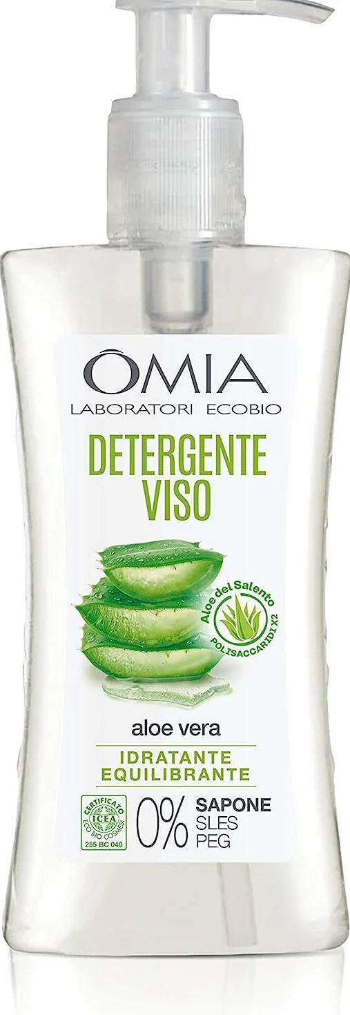 Omia - Detergente Viso Aloe Vera del Salento Eco Bio, Struccante Idratante, Equilibrante, Adatto a Tutti i Tipi di Pelle, Dermatologicamente Testato.