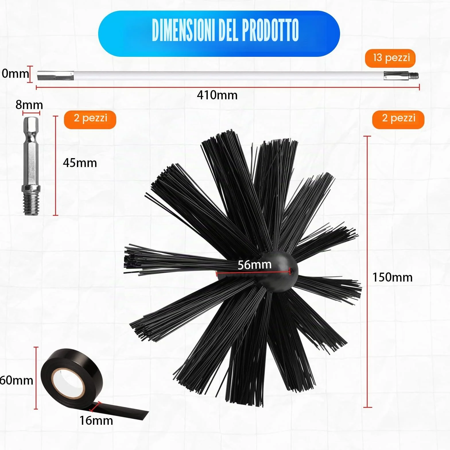 Spazzacamino Kit Pulizia Canna Fumaria Pellet 150 mm 13 Pezzi