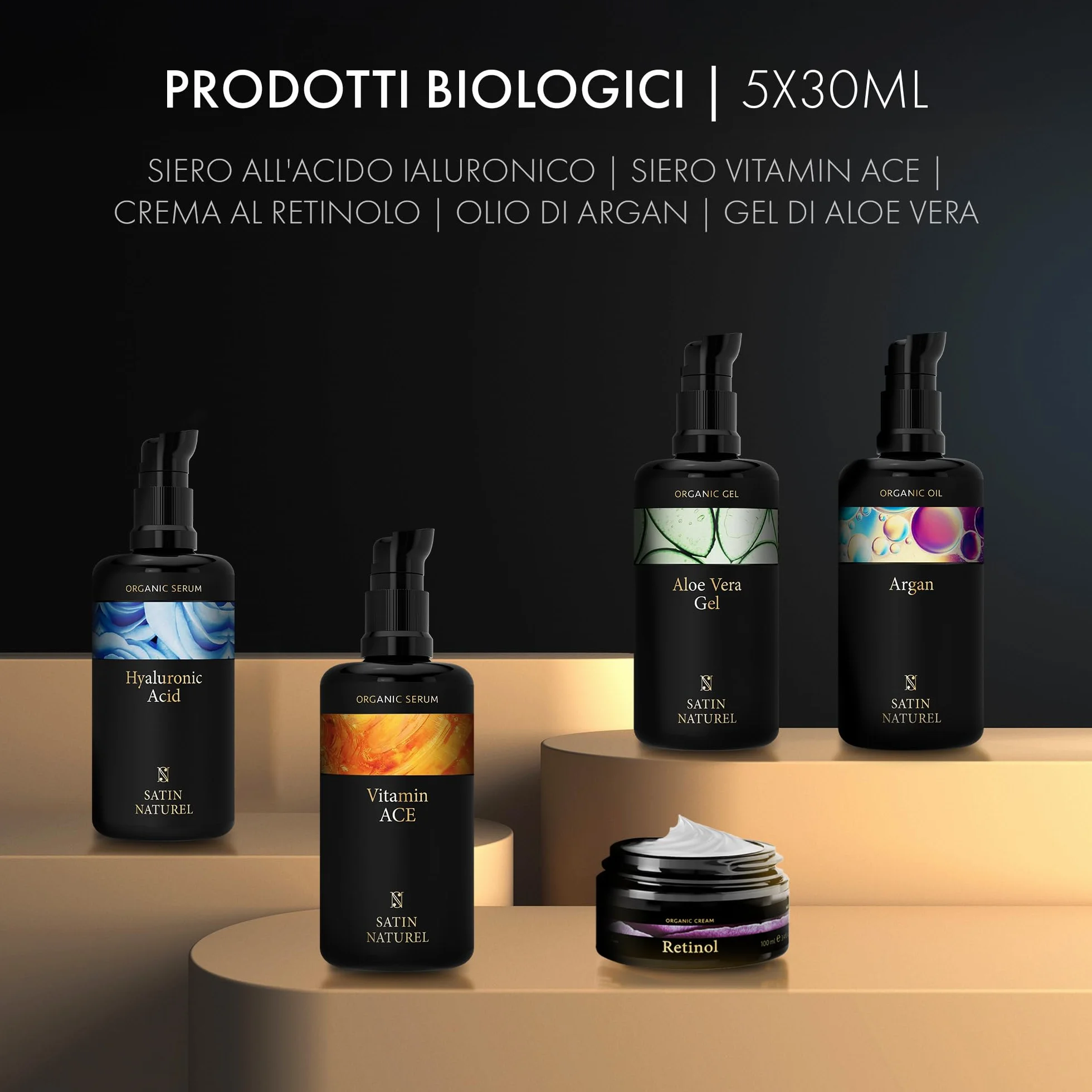 Satin Naturel Set Regalo per Donna – Routine Skincare 5x30 ml con Gel di Aloe Vera, Olio di Argan, Siero Vitamina C, Siero Acido Ialuronico & Crema Retinolo – Vegano in Confezione Regalo di Lusso