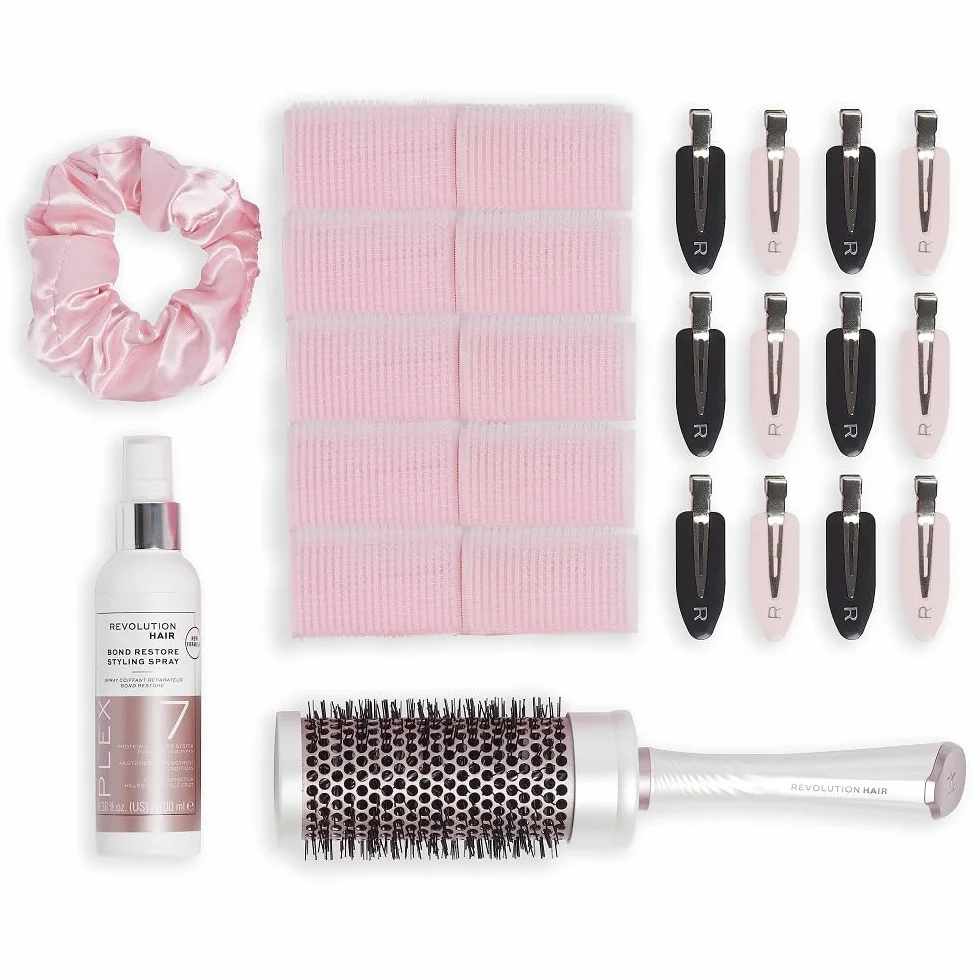 Makeup Revolution Haircare Plex Heat Protect Blowout - Set regalo per capelli, fermagli per capelli, spazzola elegante, rulli, spray per lo styling, elastico e borsa inclusi