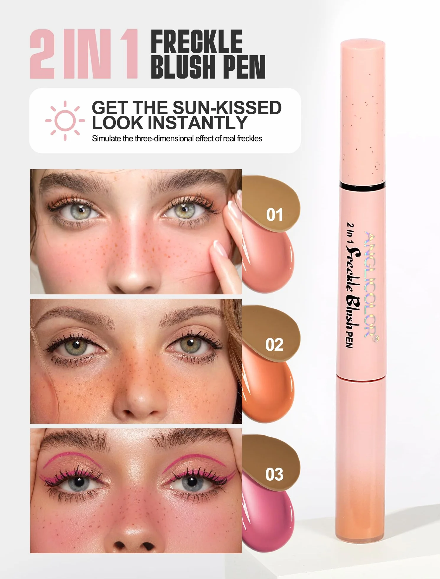 Anglicolor Penna blush per lentiggini,Pennarello per lentiggini finte 2 in 1,fard liquido rosa tenue,naturale,realistico,impermeabile,a lunga durata,ad asciugatura rapida (02 MOCHA)