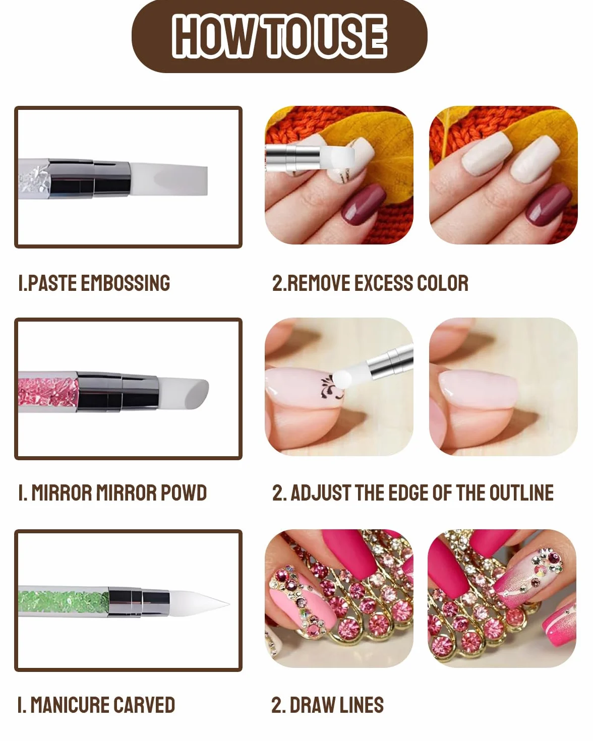 5 Pezzi Pennelli in Silicone per Unghie, Silicone Nail Art Sculpture Pen, Pennelli in Nail Gel Scultura Penna Matita Strumento Per Unghie Art Design Decorazione Kit
