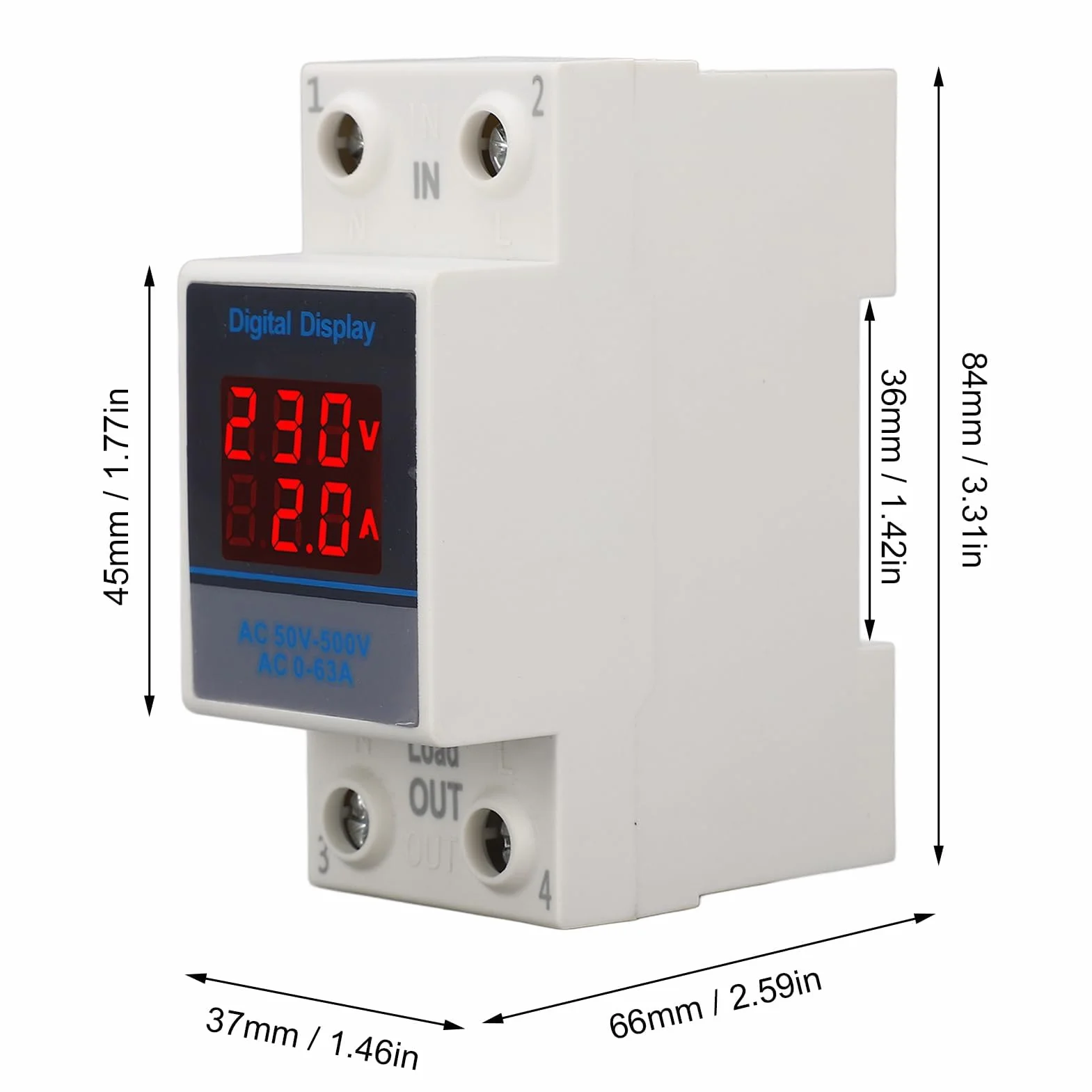 Amperometro Monofase Guida DIN Misuratore Tensione CA Corrente Display Digitale AC50-500V