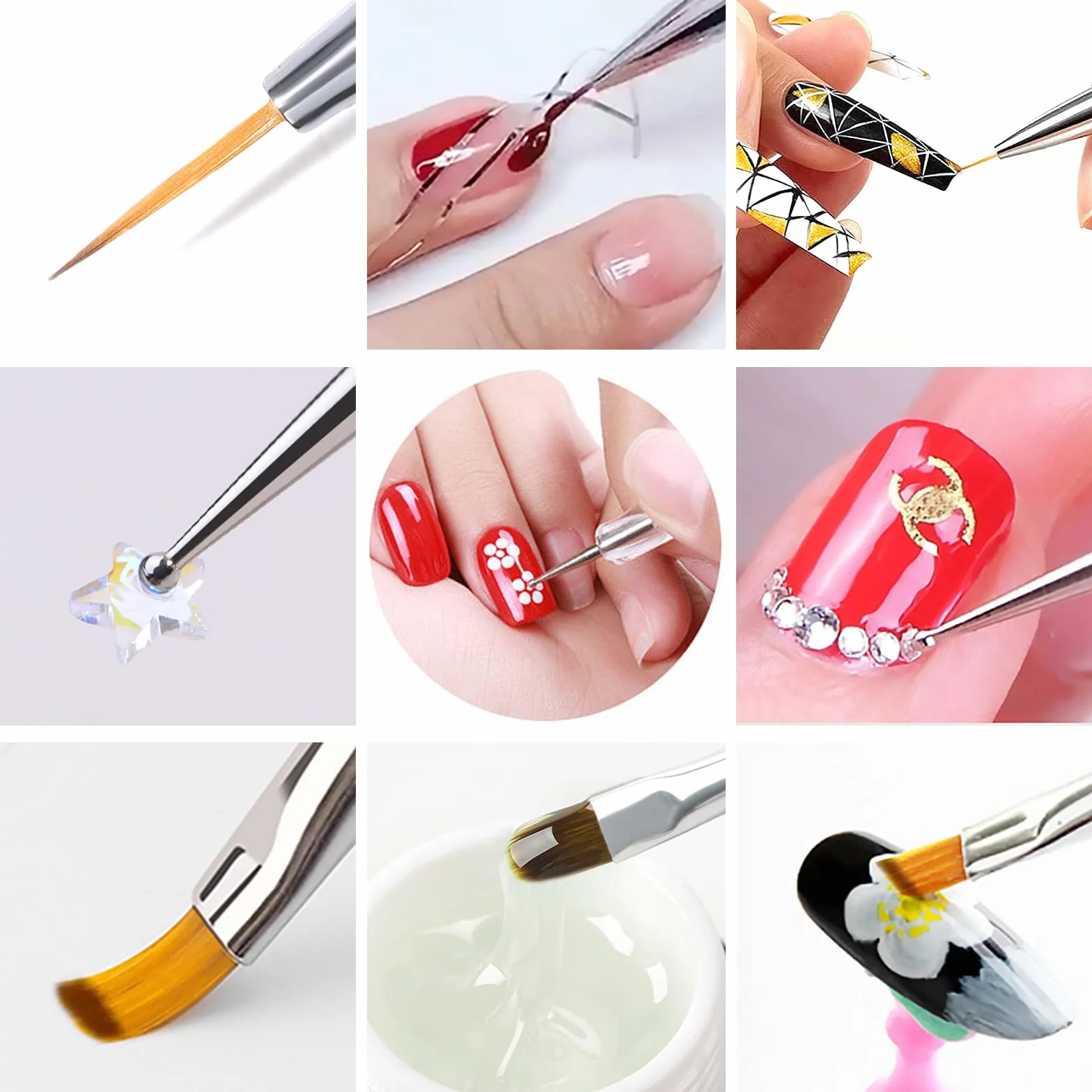Sularpek Pennelli Unghie Gel, 8 Pezzi Penelli Unghie Professionali Set, Penne per Nail Art Attrezzi a Doppia Punta, con Manico con Strass e Setole in Nylon