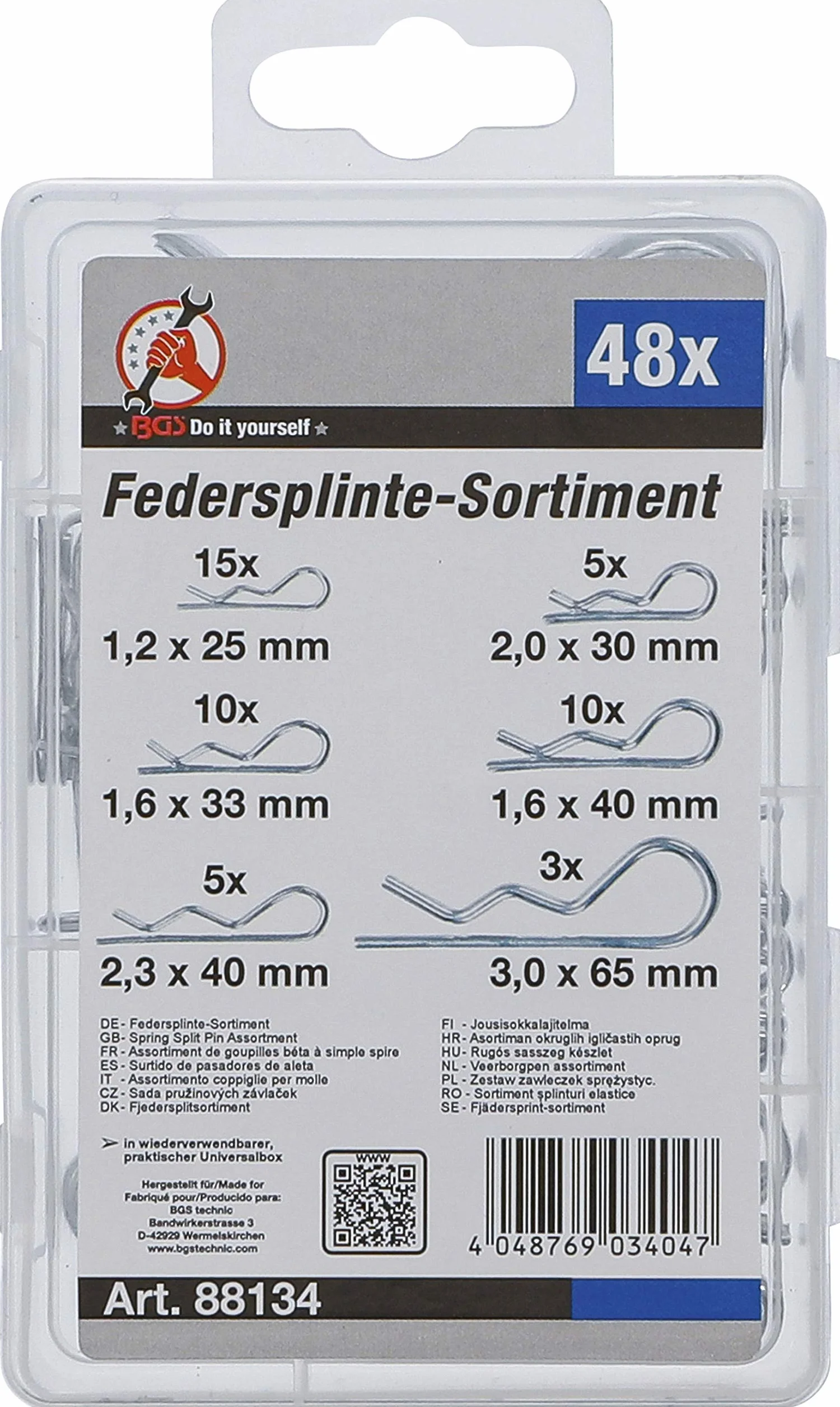 BGS Assortimento coppiglie per molle Ø 1,2-3,0 mm 48 pz.