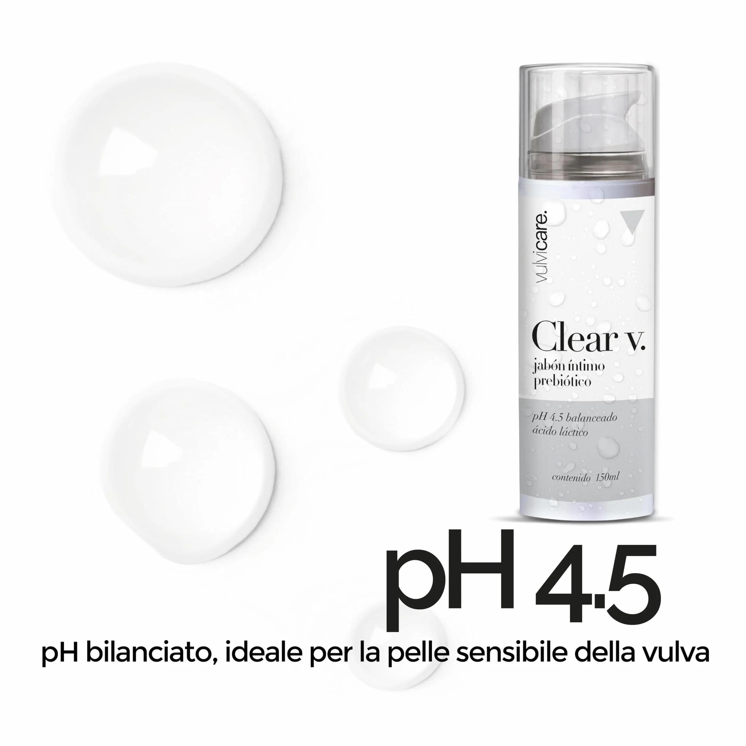 Vulvicare Clear V Sapone intimo prebiotico pH 4,5 bilanciato 150ml - Con acido lattico per un microbiota equilibrato - Igiene e cura vulvovaginale