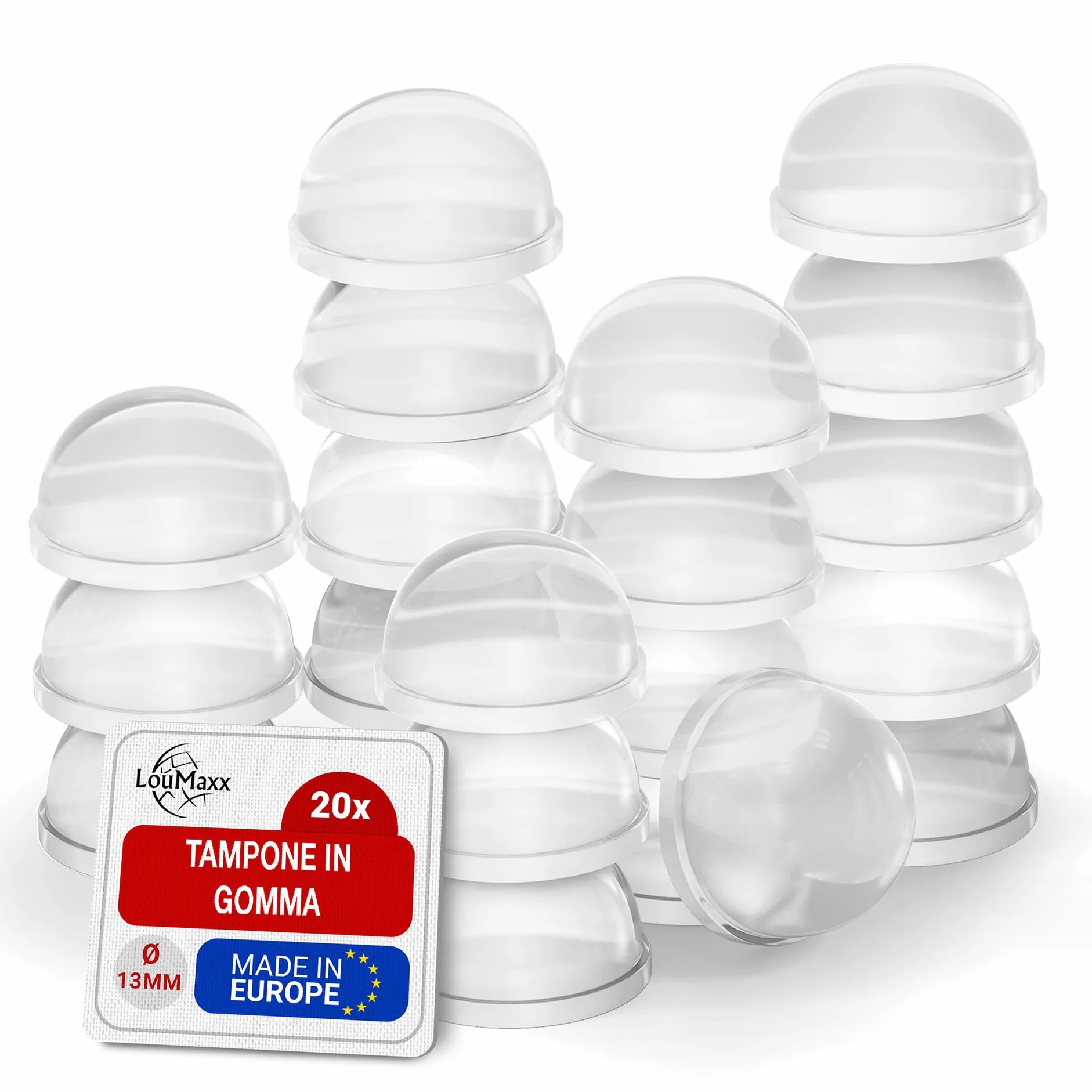 LouMaxx Gommini Paracolpi Set di 20 Piedini Trasparenti Ø 13mm Piedini in Gomma Autoadesivi Tenuta Extra Forte