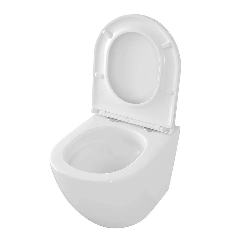 Sanitari sospesi TAO con risciacquo a vortice e copriwc soft-close, scarico universale a parete