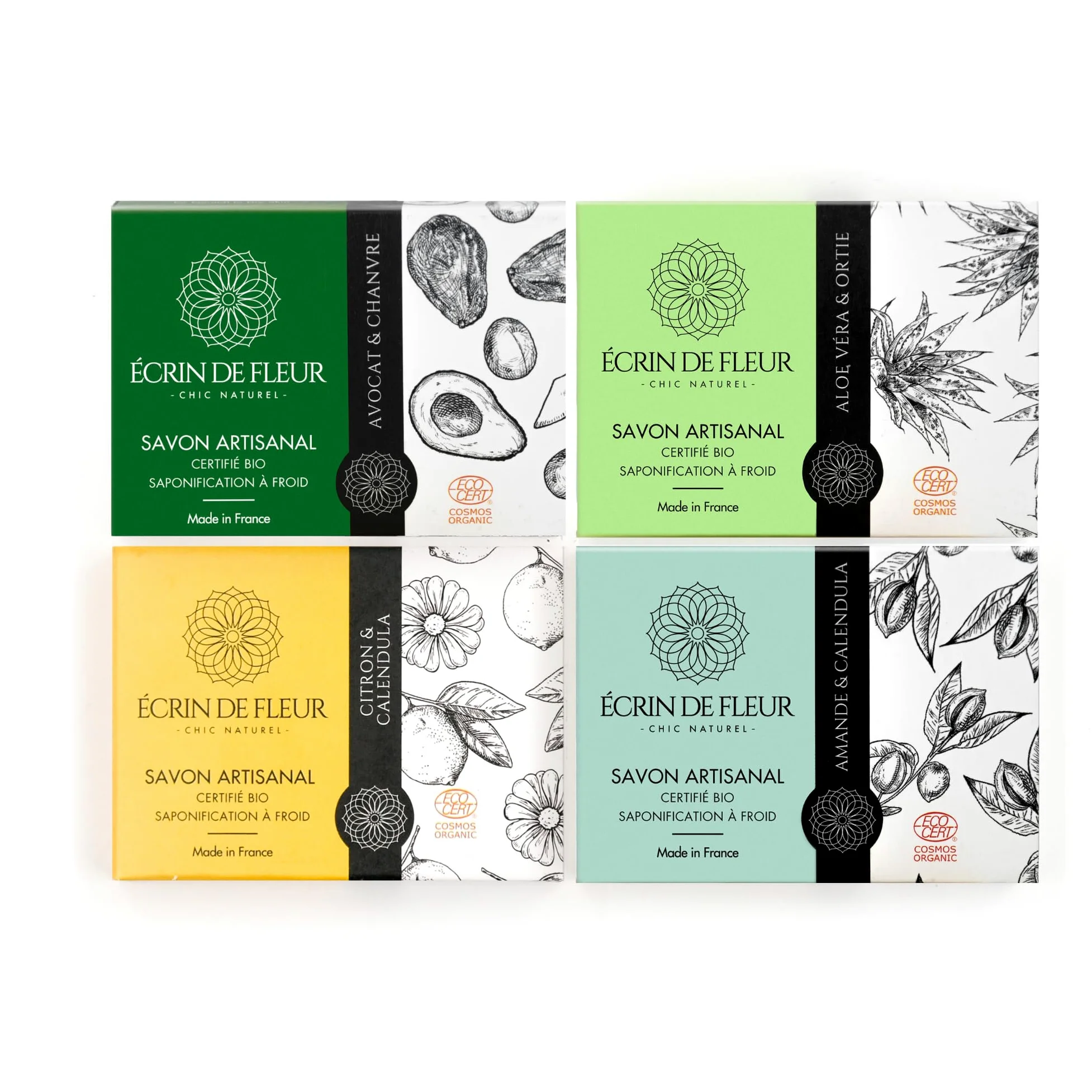 Cofanetto Saponi Biologici, Artigianali in Francia, Certificati COSMOS & Nature et Progrès, Aloe Vera, Avocado, Mandorla & Limone, 4 x 90g