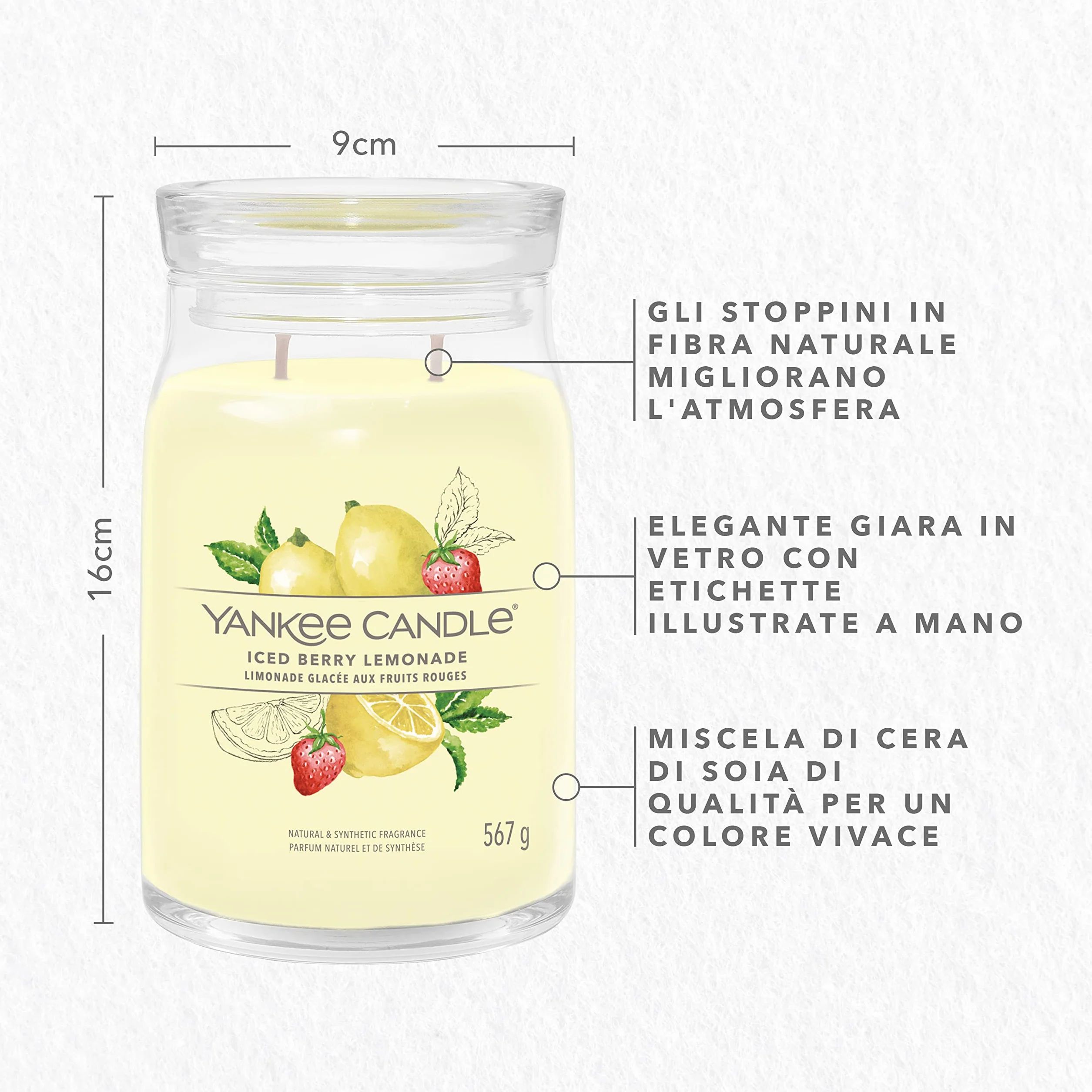 Yankee Candle Signature Candela Profumata, Limonata Ghiacciata Ai Frutti di Bosco in Giara Grande, Candele di Miscela di Cera di Soia Lunga Durata, Regalo per le Donne