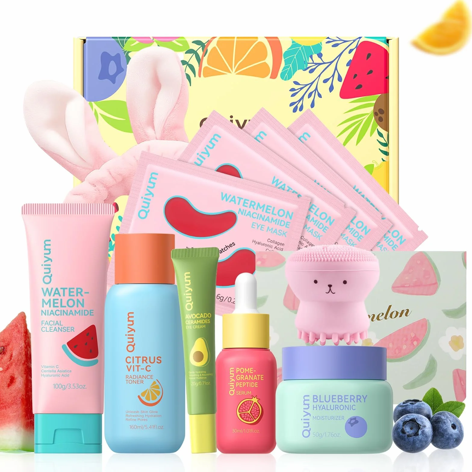 QUIYUM Set Regalo Viso Anti-Invecchiamento per Pelli Giovani, Kit Skincare Completo da 11 Pezzi per Donna con Estratti di Frutta, Peptidi, Vitamina C e Ceramidi