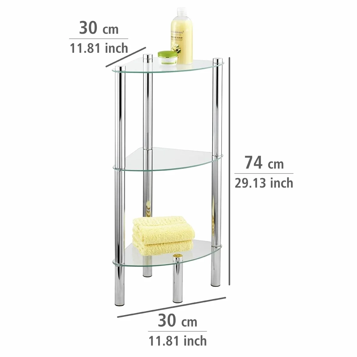 WENKO Exclusiv scaffale angolare Yago 3 ripiani in vetro 30 x 74 x 30 cm Cromo