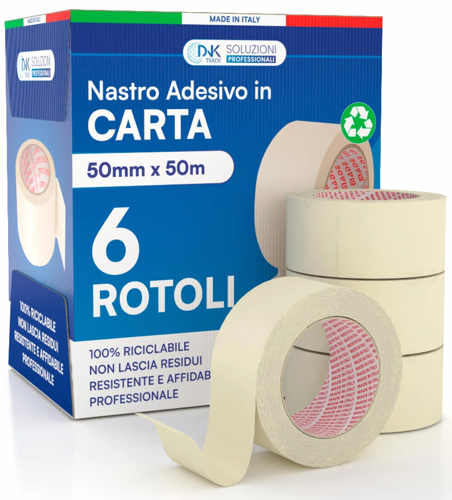 Nastro da Imbianchini 50mm x 50m Carta Gommata Professionale Riciclabile per Mascheratura Pittura