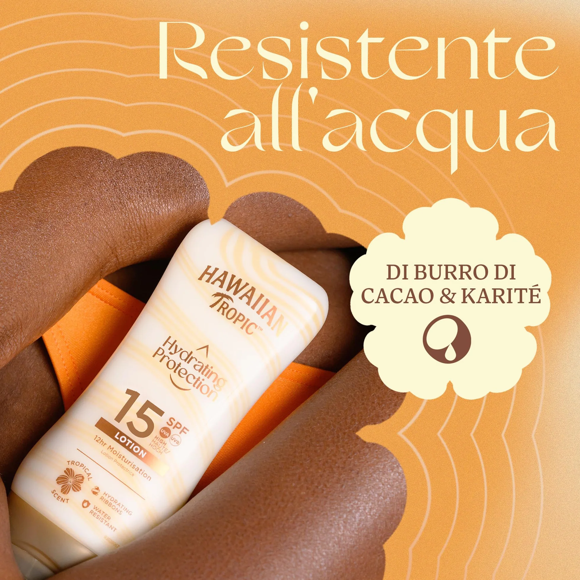 Hawaiian Tropic Lozione Solare Protettiva Idratante, Crema Resistente all'Acqua con Protezione SPF 15 UVA e UVB, Lozione Solare, 12 Ore di Idratazione con Burro di Cacao e Burro di Karité, 180 ml