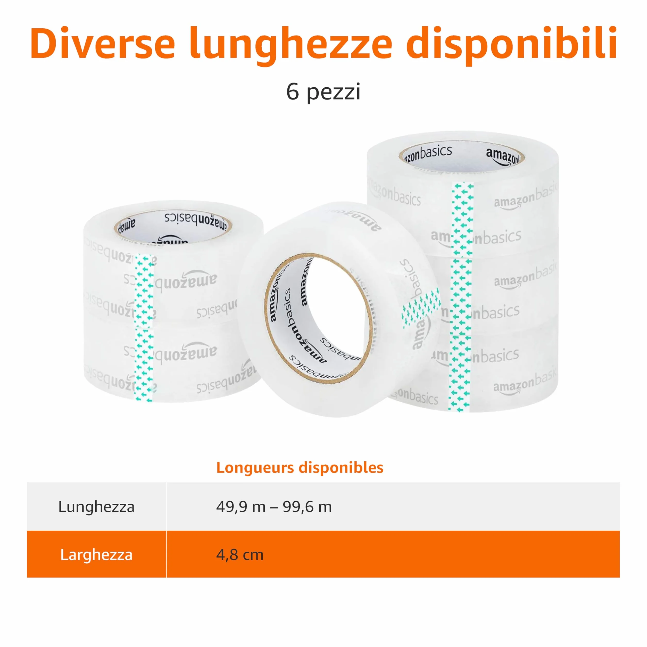 Amazon Basics Nastro da imballaggio 4,7 cm x 99,6 m, confezione da 6, Trasparente