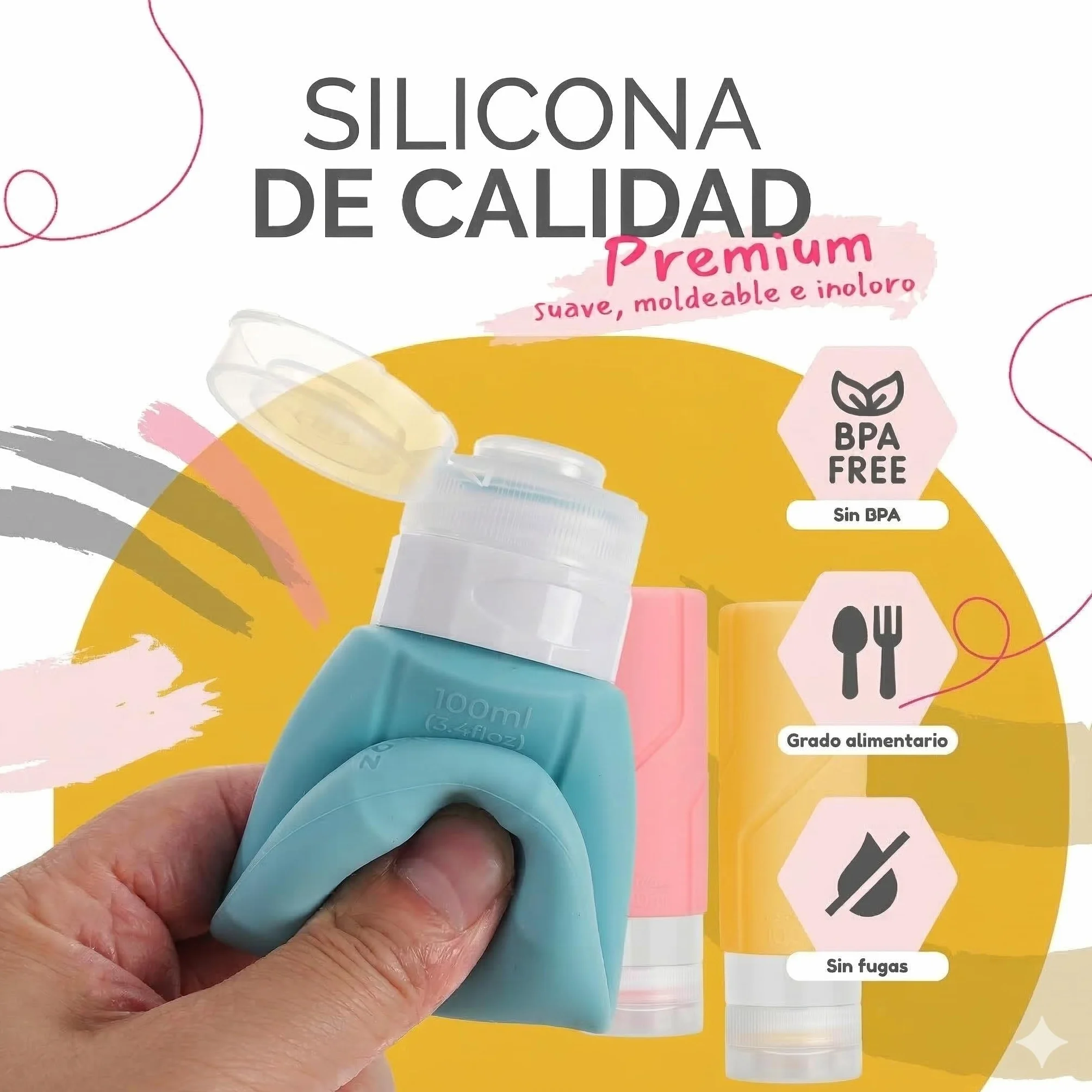 Bottiglie da viaggio ricaricabili 90 ml, in silicone flessibile, senza perdite, senza BPA, pressabili, apertura larga, ideali per viaggi, campeggio, spiaggia, aereo - Per gel e
