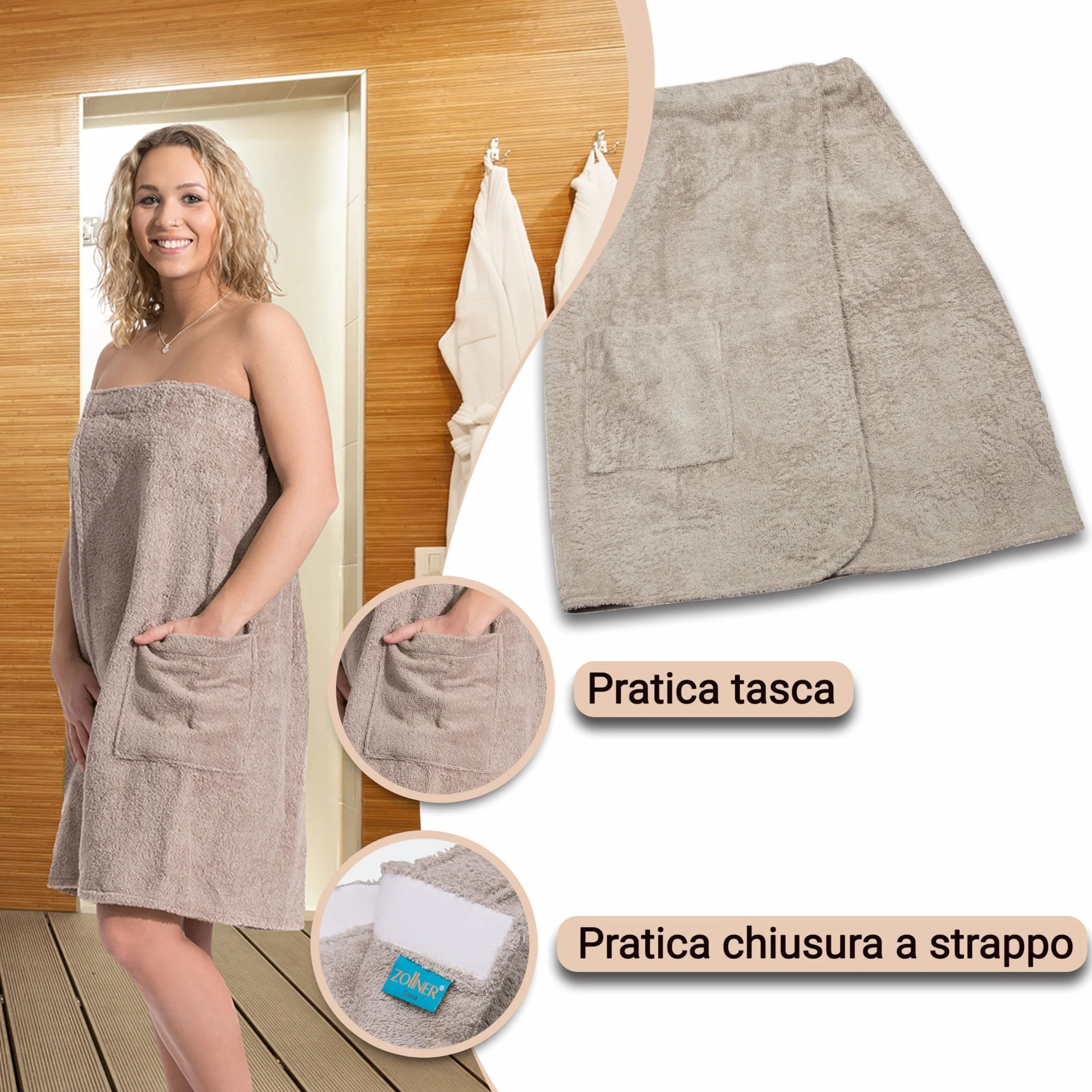 ZOLLNER Kilt da sauna da donna tortora morbido sulla pelle assorbente Cotone fascia elastica chiusura a strappo Misura L/XL Lavabile a 60°C Certificato OEKO TEX