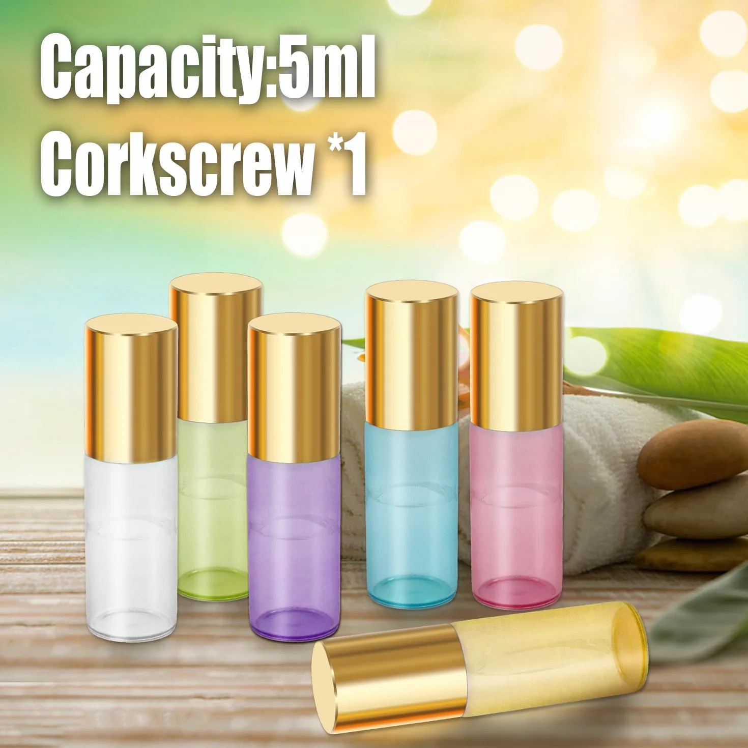 Pinkiou Roller Bottles Roll on Bottle in vetro Sfera in acciaio per oli essenziali Flaconi vuoti da 5 ml (con 1 cavatappi)
