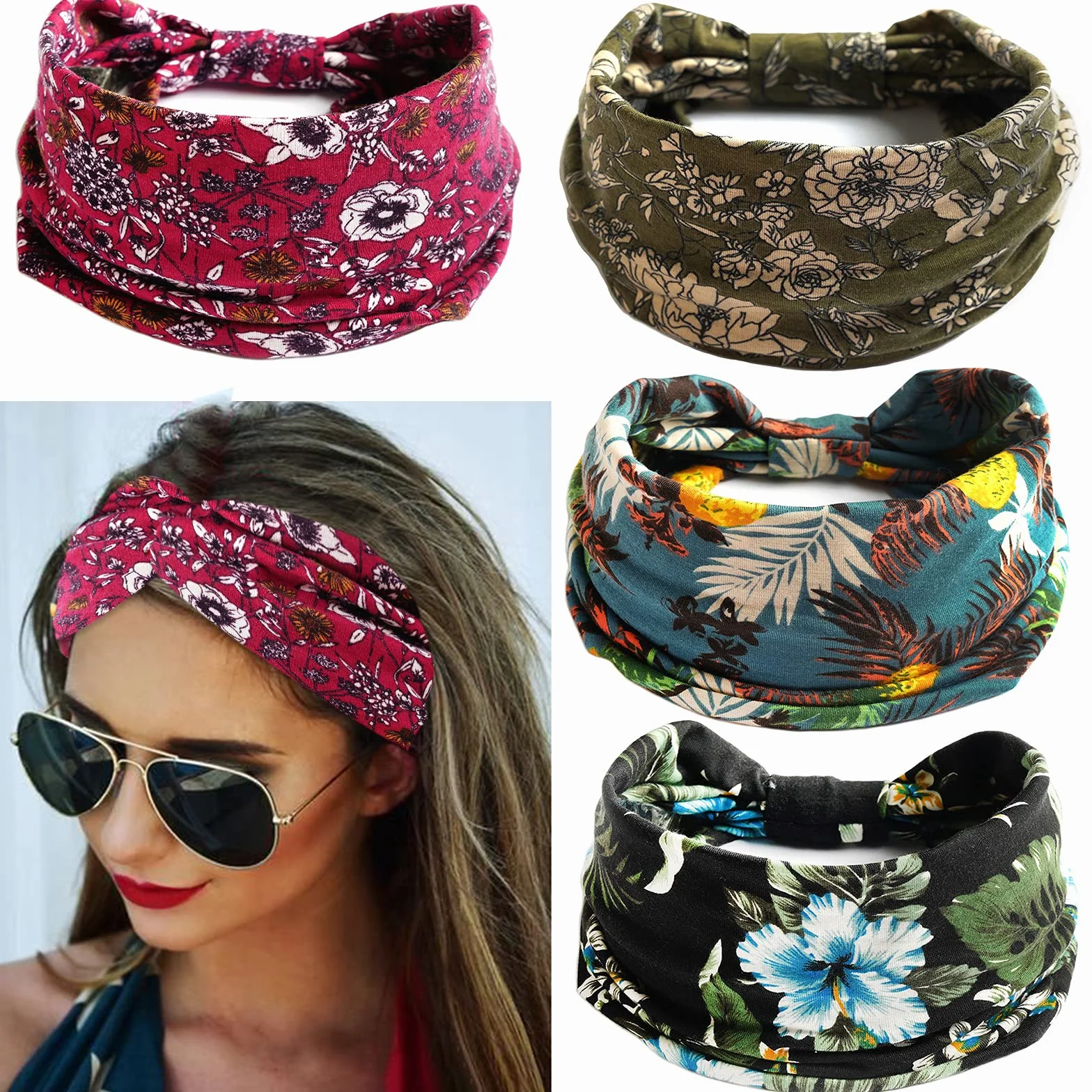4 Pezzi Fasce per Capelli Donna, VEGCOO Fascia per Capelli Boho Stile Ragazze, Elastiche Larghe Accessori per Capelli con Stampa Floreale per Yoga, Corsa (B)