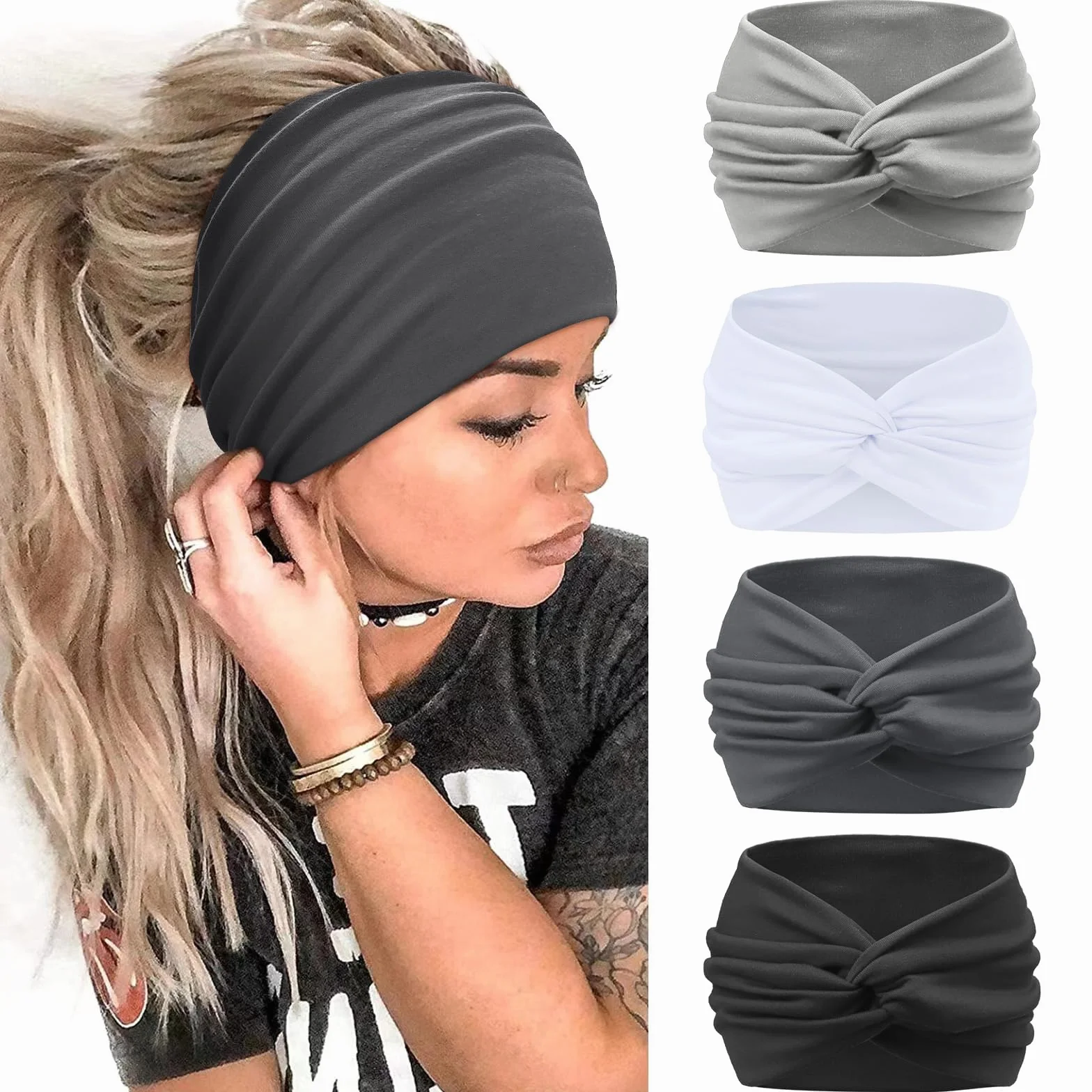 Kavya Fascia Capelli Donna 4 Pcs 7'' Elastico Cerchietto Capelli Donna Movimento Yoga Fasce Per Capelli Bandana Extra Large Headband Boho Accessori Per Capelli (Grigio)