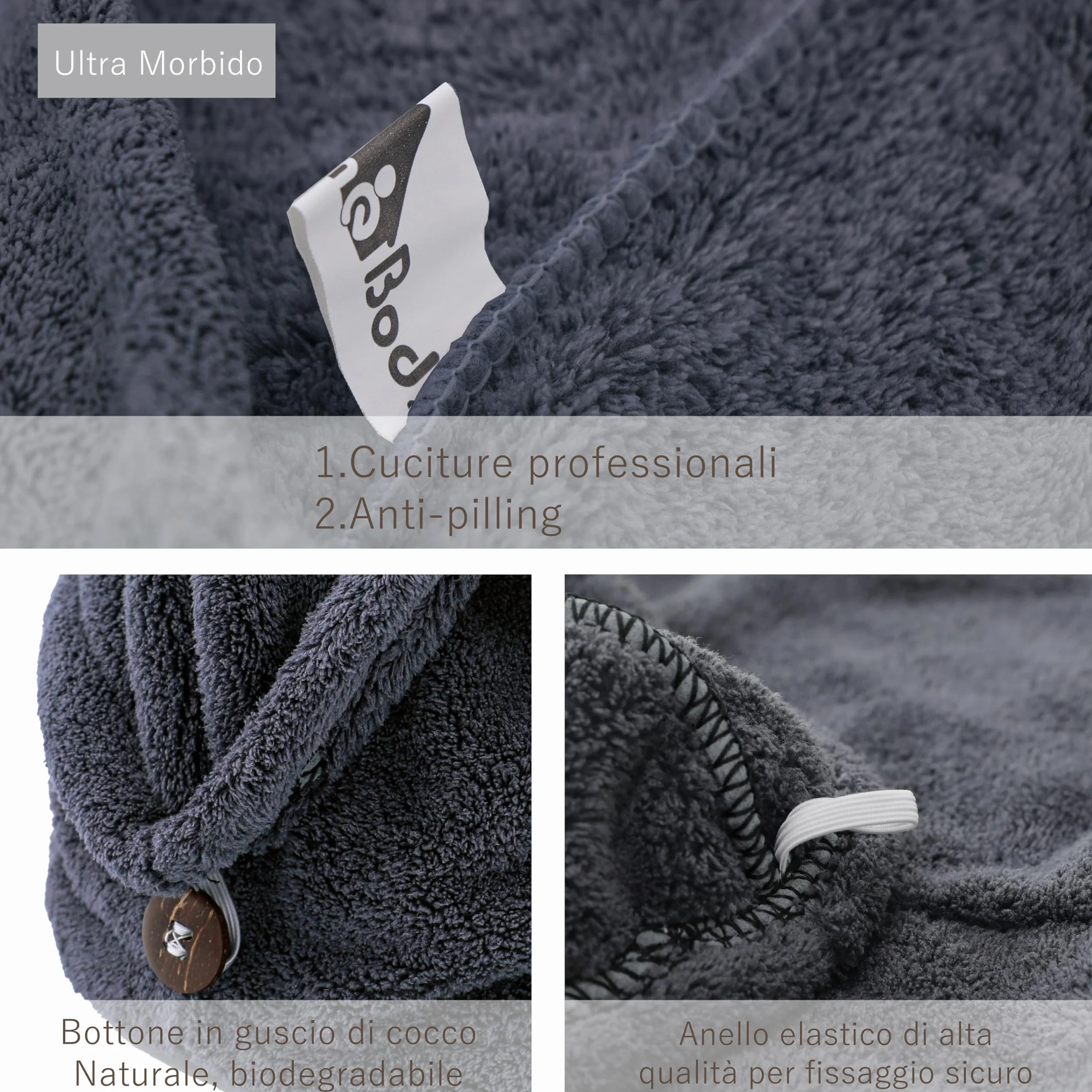 myHomeBody - Asciugamano per capelli con turbante anti-crespo, ad asciugatura rapida, ultra morbido e ad asciugatura rapida, in fibra di bambù assorbente, con pulsante di cocco – Midnight Blue