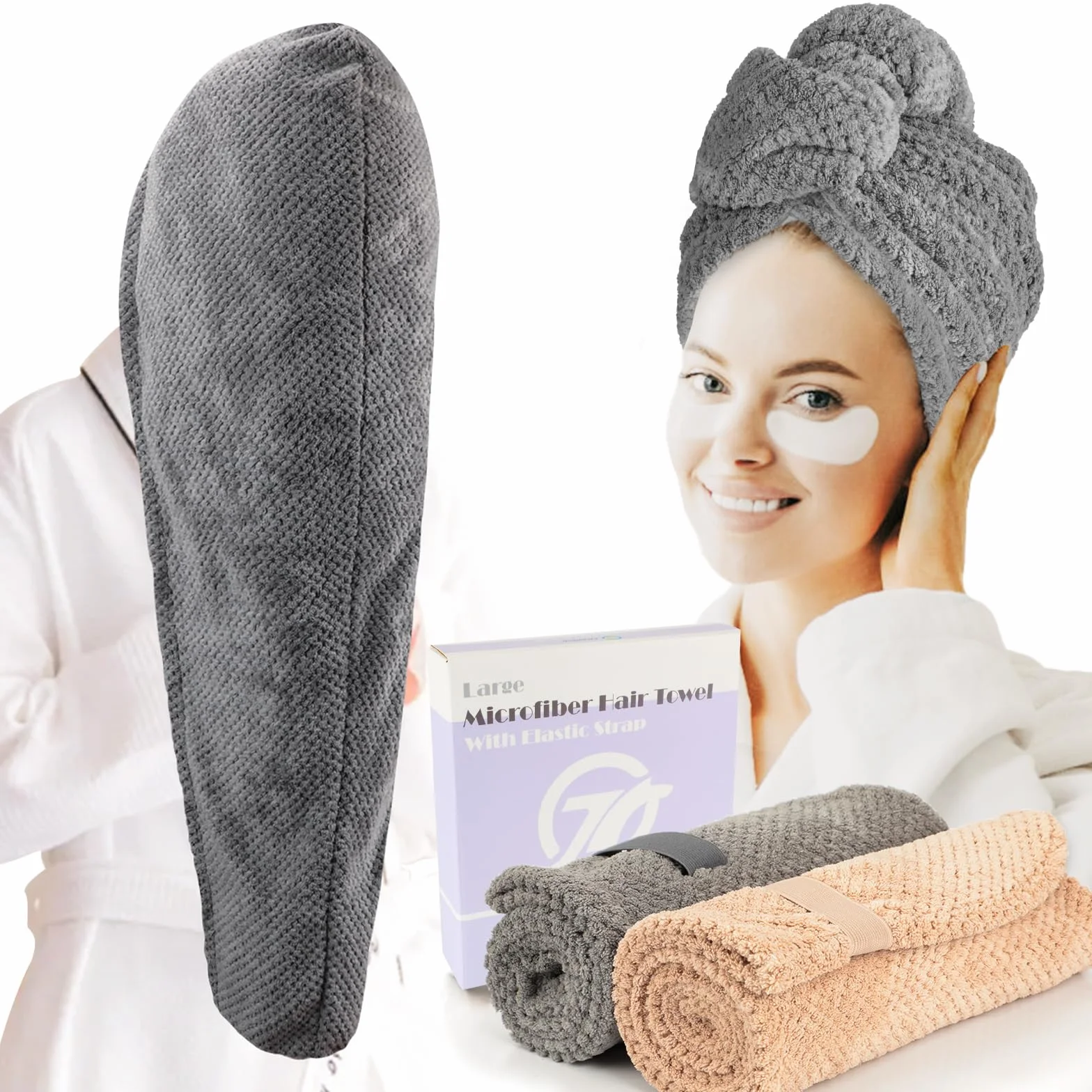 FREATECH 2-Pack Grande Asciugamano Capelli Microfibra 86 x 26 cm, Turbante Asciugacapelli per Capelli Lunghi Spessi Ricci, Super Assorbente Turbante per Capelli Anti-Crespo con Fascia Elastica