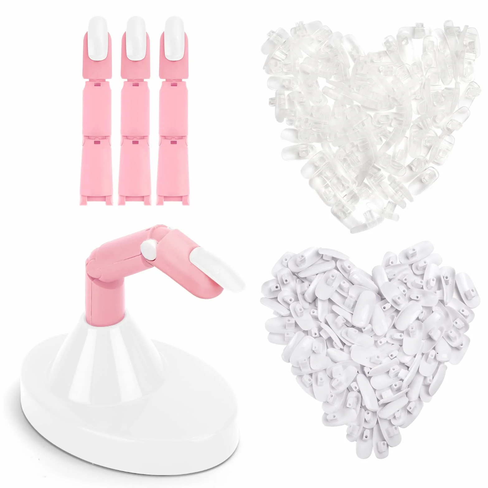 Deciniee Mano Finta per Ricostruzione Unghie, 3 Dita Regolabili e 200 Punte per Unghie Sostituibili Dito Finto per Ricostruzione Unghie, Kit Professionale Dito per Pratica Per Nail Art, Rosa/Bianco