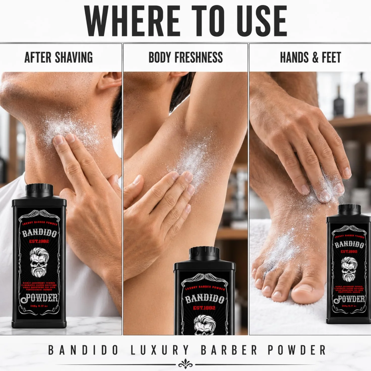 Bandido Barber Talc Powder 260 gr | Barbiere Talco Polvere | Kuaför Talk Pudrasi | Rimuove le irritazioni e i graffi del corpo | Rasatura da uomo | Forniture da parrucchiere – Dispenser richiudibile