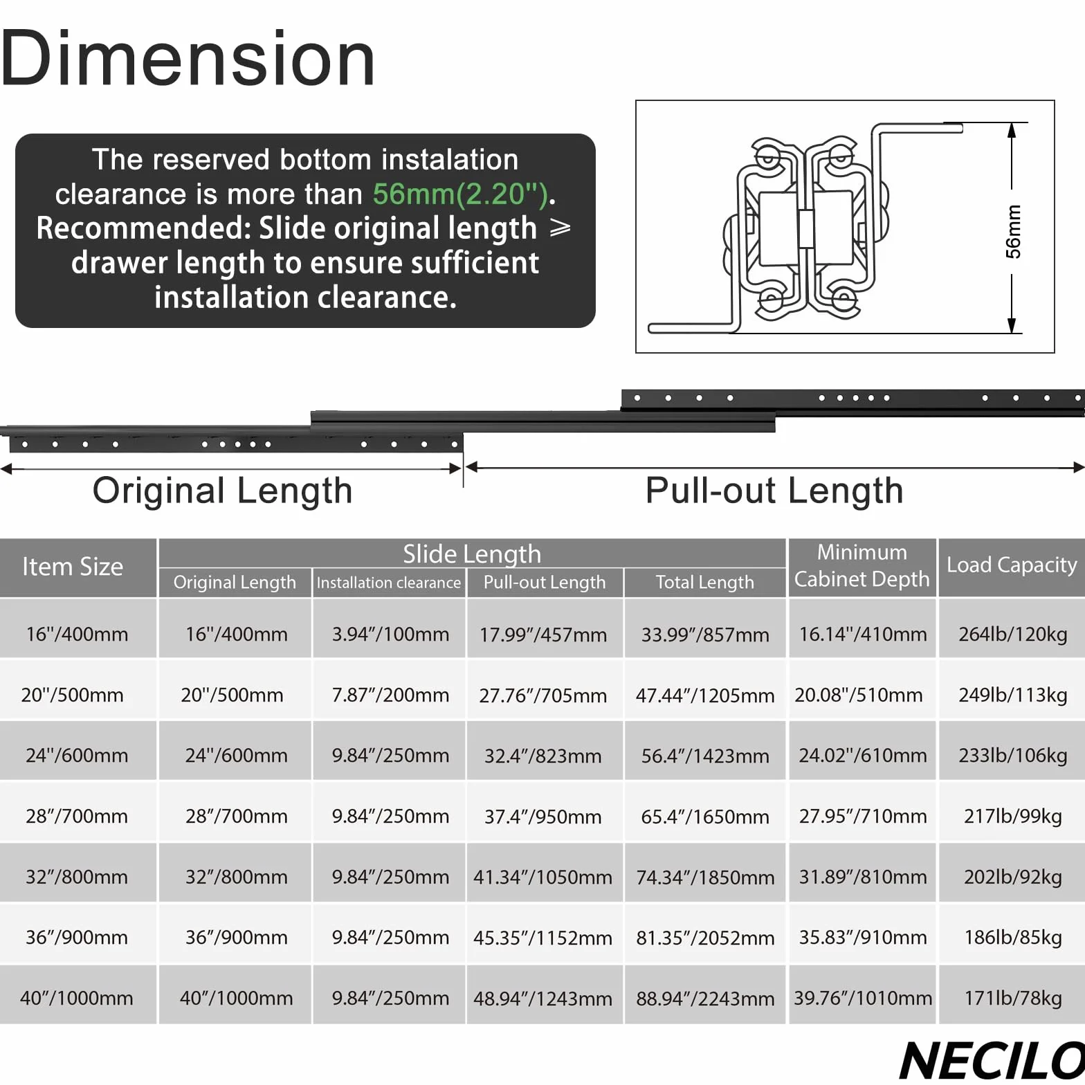 NECILO guide per cassetti per carichi pesanti 400mm portata 120 kg estrazione totale cuscinetti a sfera 1 coppia