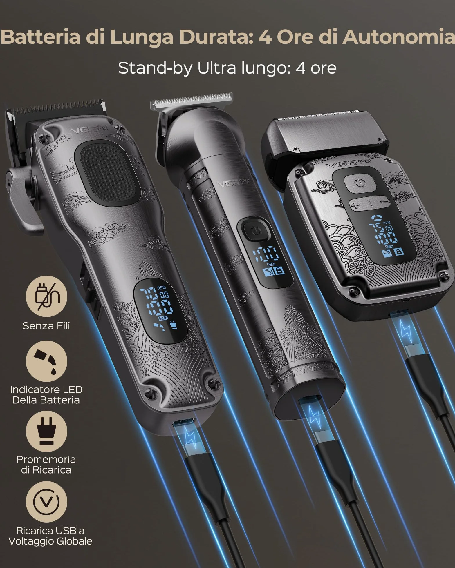 VGRPRO Set di Tagliacapelli uomo professionale e Trimmer Capelli, Rasoio Elettrico a Lamina, Macchinetta per capelli, 4 Impostazioni di Velocità, Display LED della Batteria, Uso da Barbiere (Grigio)